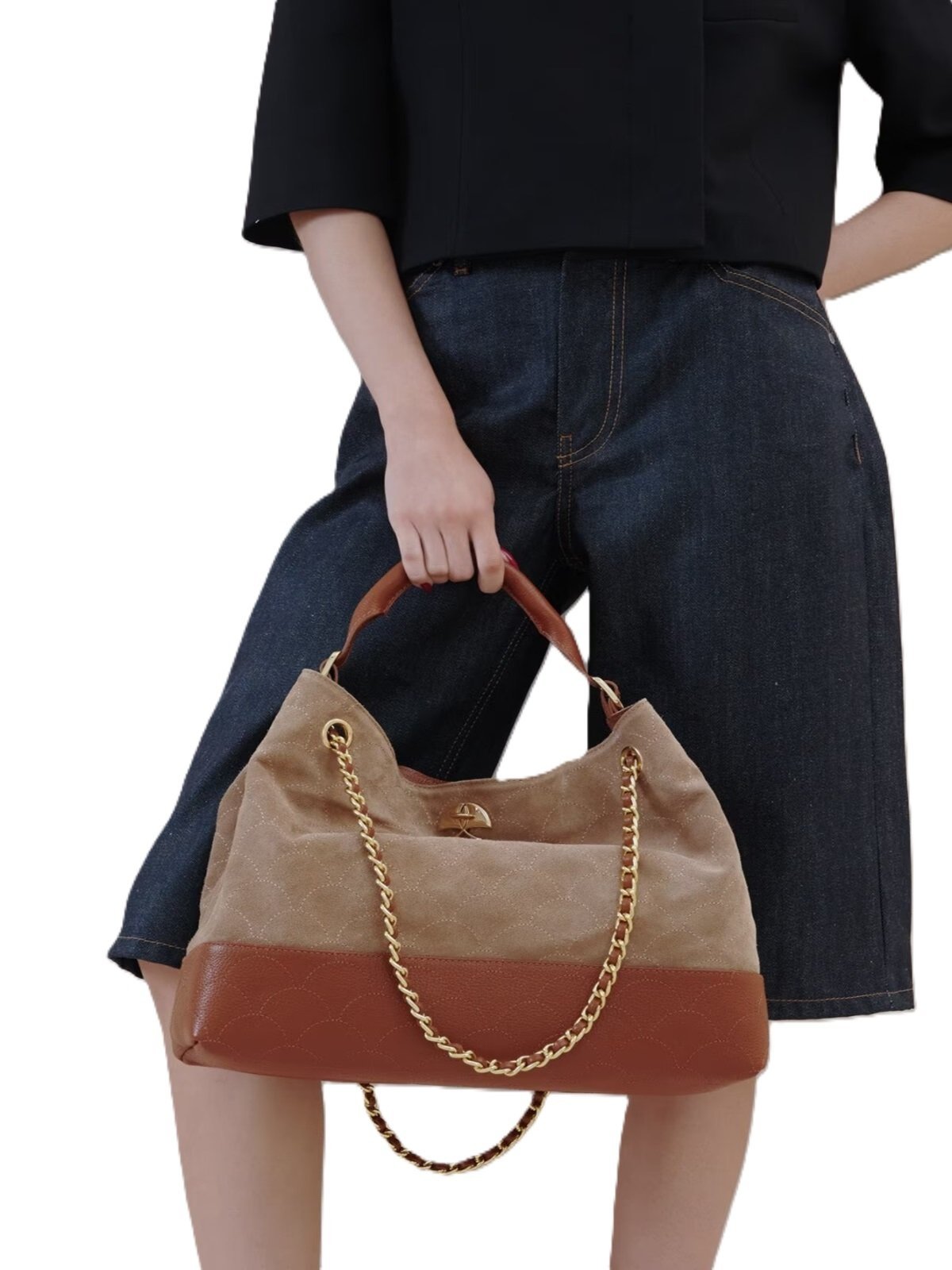 Bolsa Luiza Barcelos Hobo Camurça Bege E Couro Caramelo