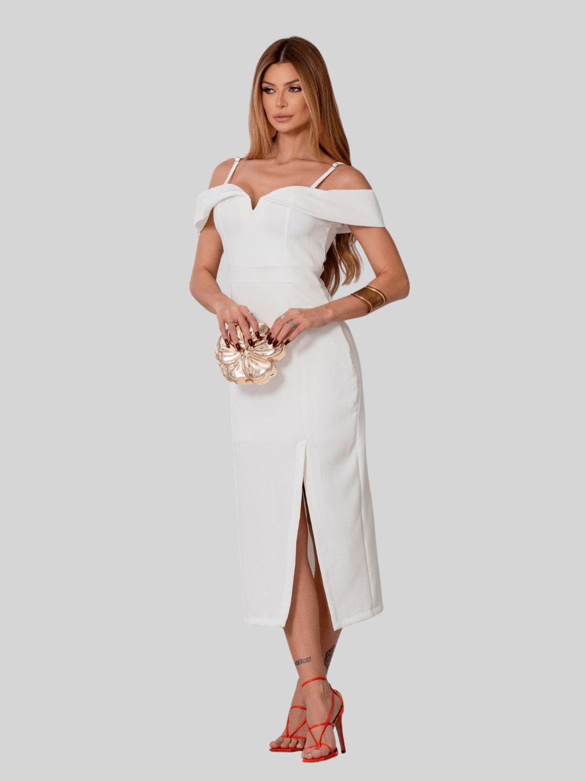 Vestido Miss e Misses Clarita Midi Ombro a Ombro C/Alça Off White