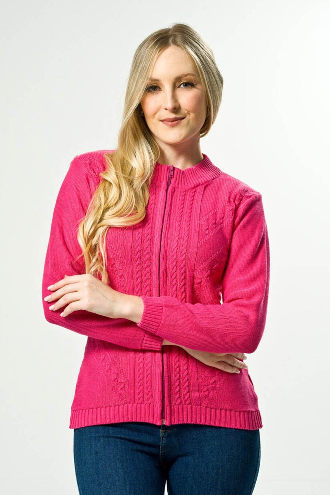 Casaco Tricot de Zíper Algodão Shirley Malhas Canelado Rosa Pink