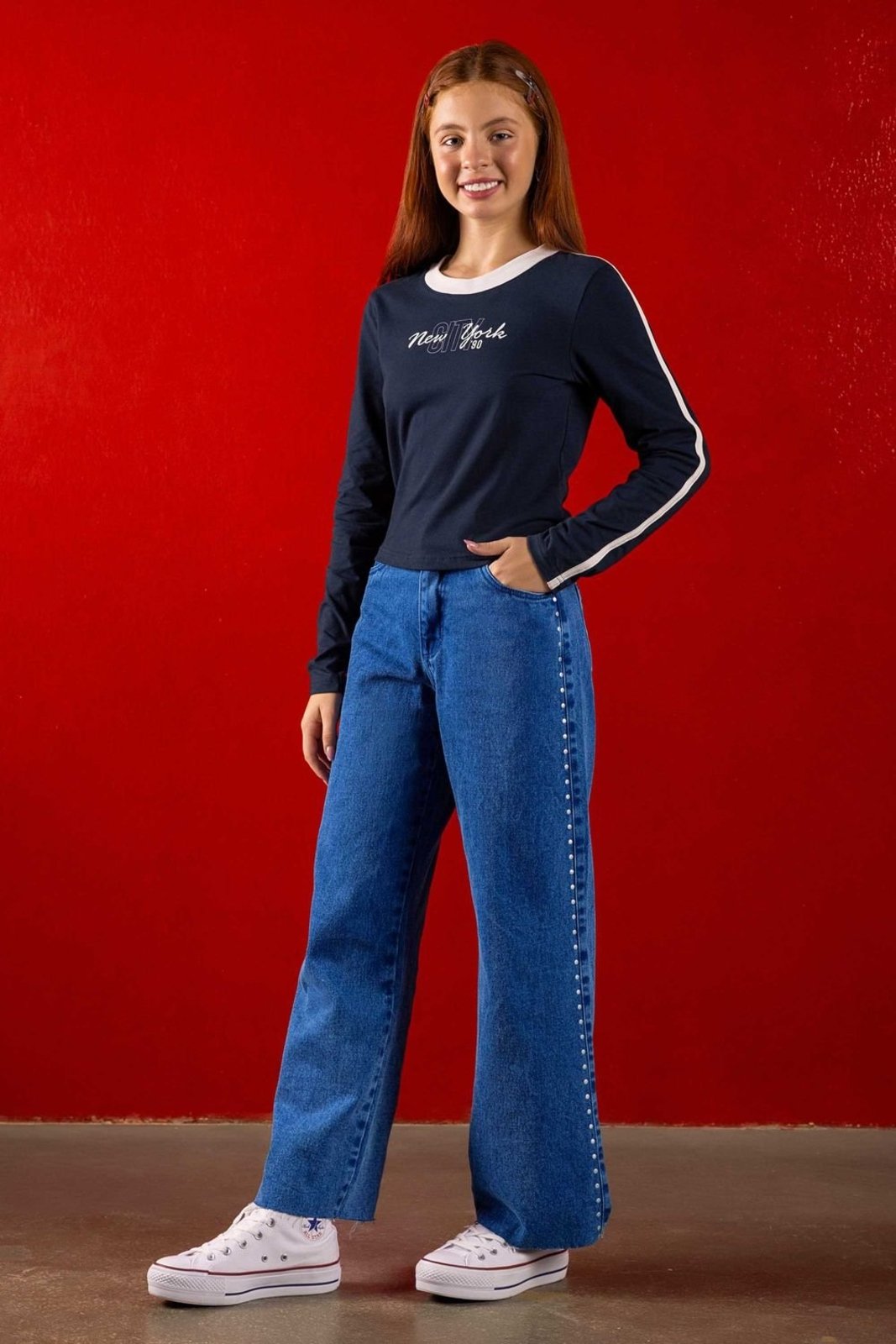 Infantil - Calça Jeans Juvenil Menina Wide Leg Beats Azul