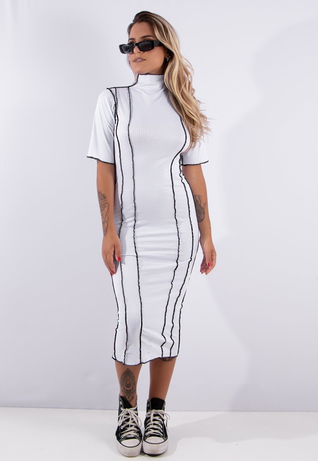 Vestido Midi Rioutlet Costura Exposta Ribana Branco