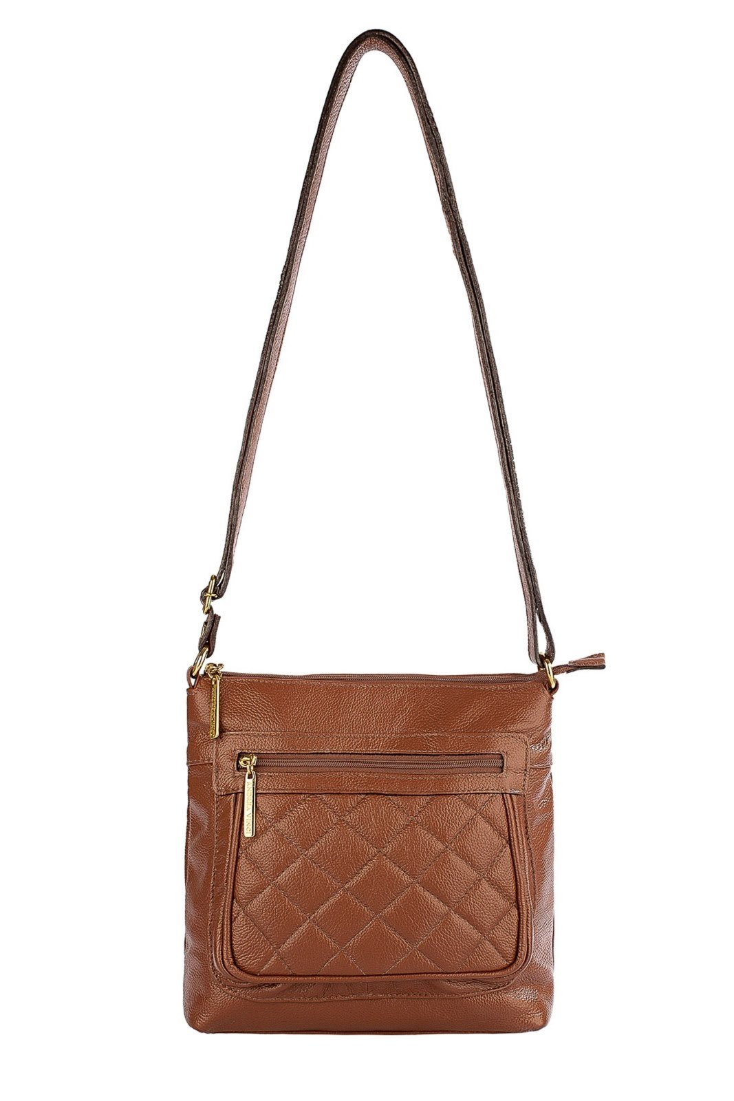Bolsa transversal matelassê de couro liso Bia - Whisky