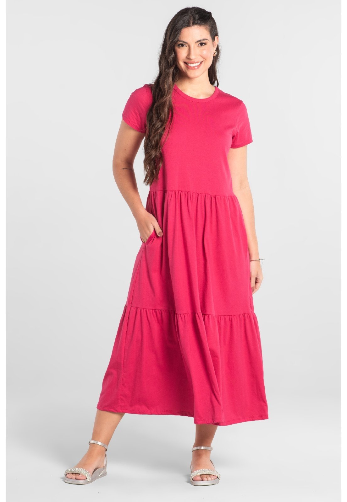 Vestido Marias Longo em Algodão Just Basic Rosa
