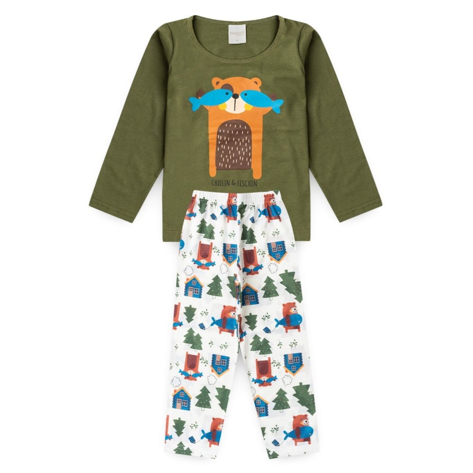 Pijama Longo Verde Menino Ursinho Pescador