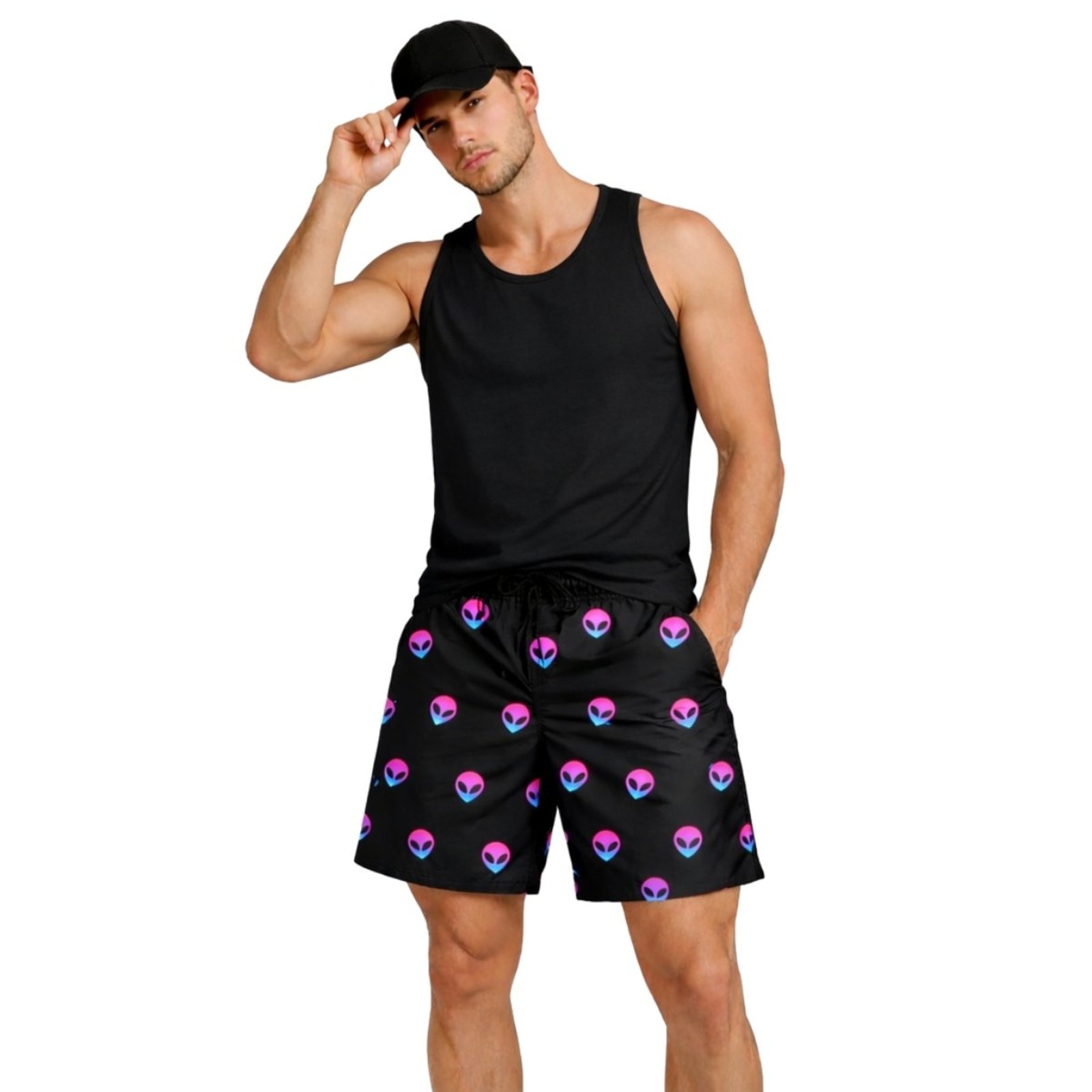 Conjunto Masculino Camiseta 100% Algodão, Boné e Short Tactel Estampando