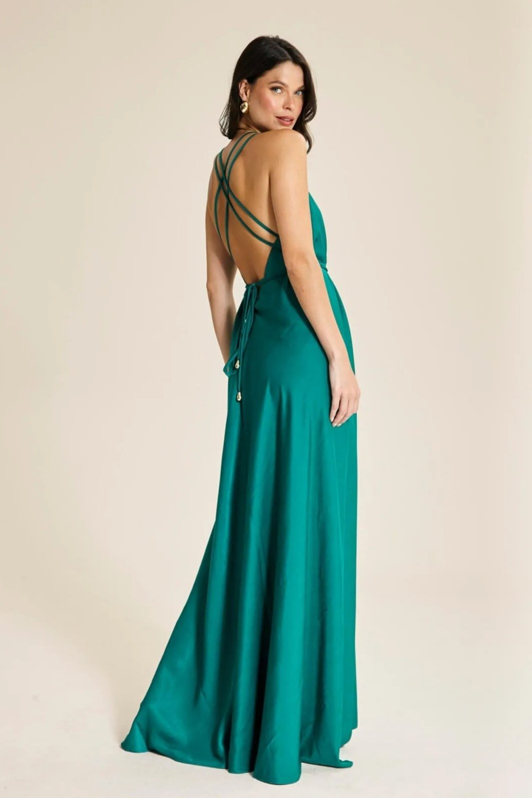 Vista 3 Vestido Longo Crepe Alças Finas Havai Festa Savage verde verde
