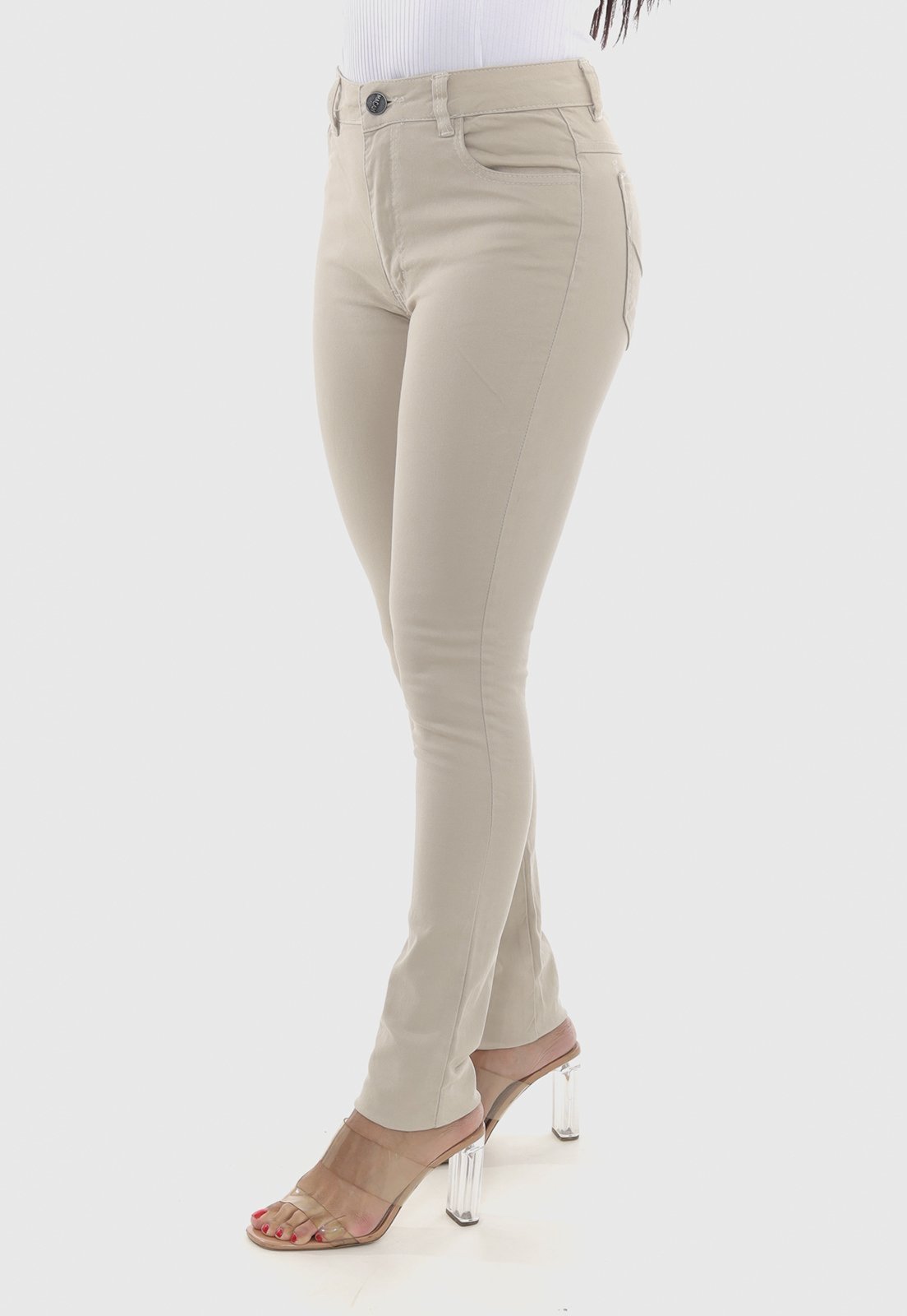 Calça Sarja Skinny Cintura Alta Conforto 7897 Bege