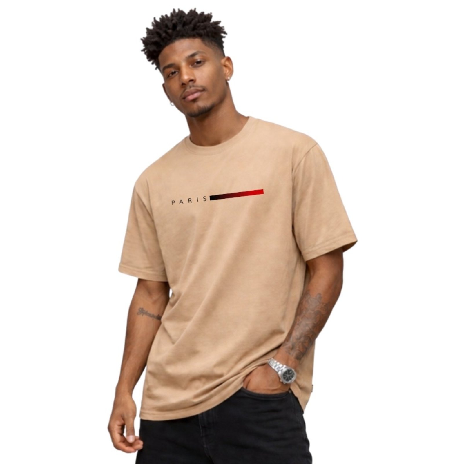 Camiseta Basica Algodão Gola Redonda Masculina Estampa Paris Vermelho