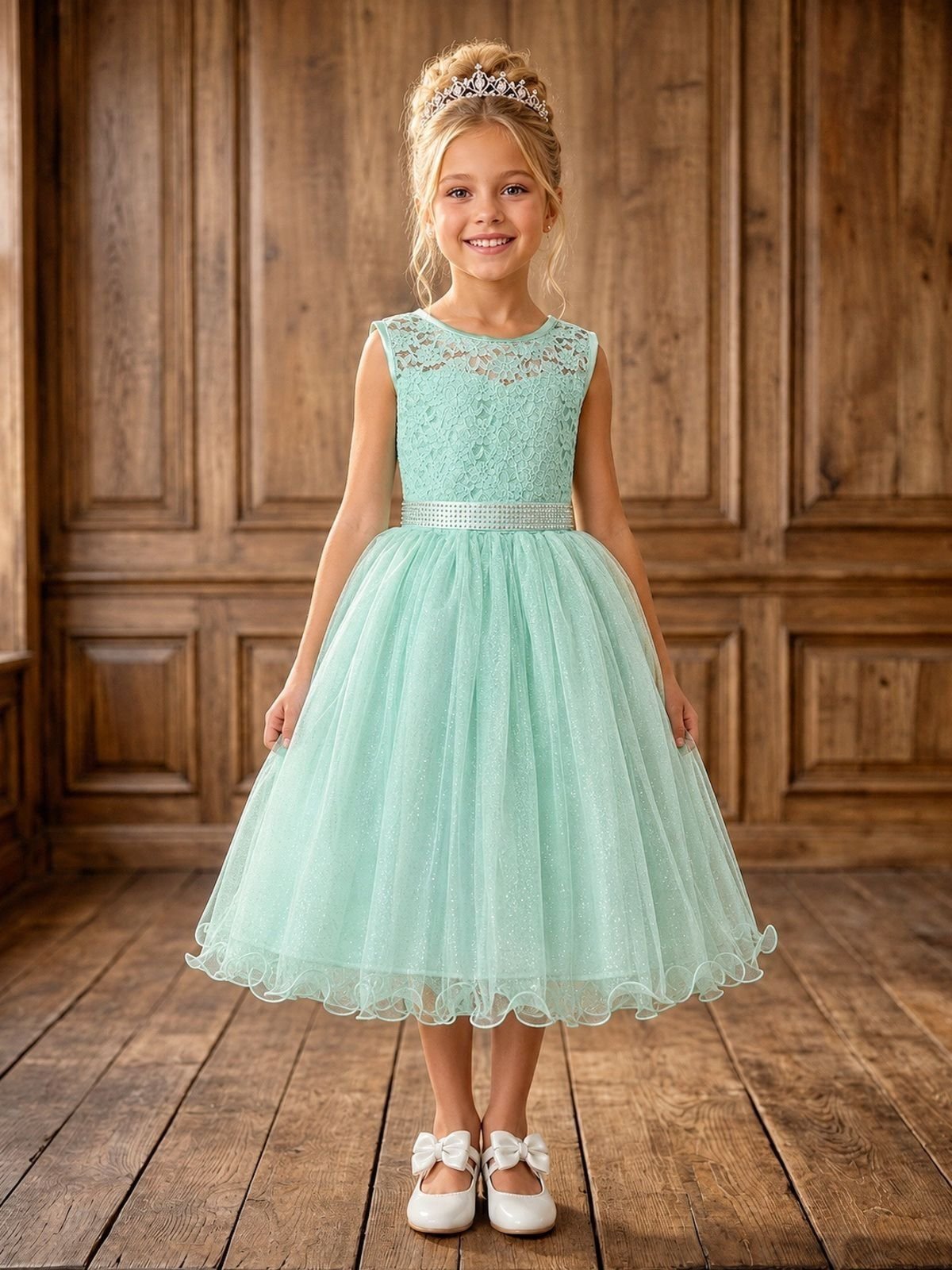Infantil - Vestido Festa Verde Menta Formatura Casamento Renda Dama Daminha Florista Social Menina Juvenil Pérolas Princesa Rodado Aniversário Luxo