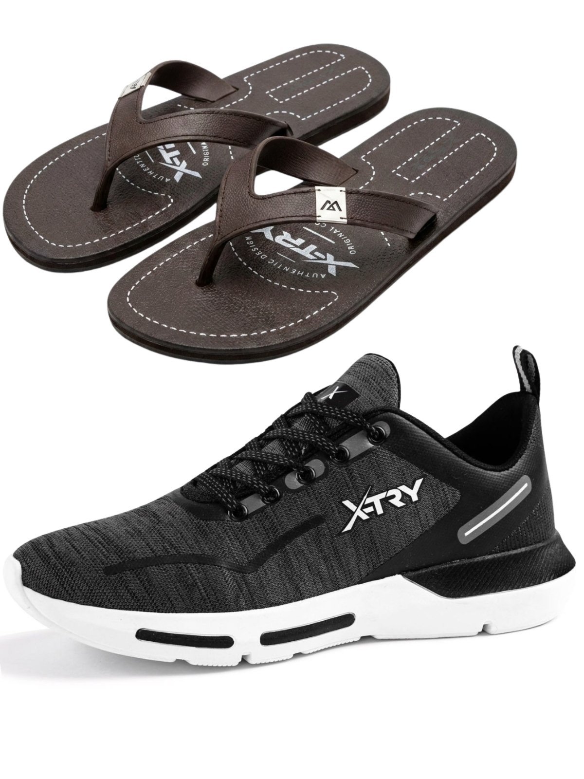 Kit Tênis Esportivo Masculino Lona X-Try Running Para Corrida Amortecedor Flip-Flop+ Chinelo Dedo Dia a Dia