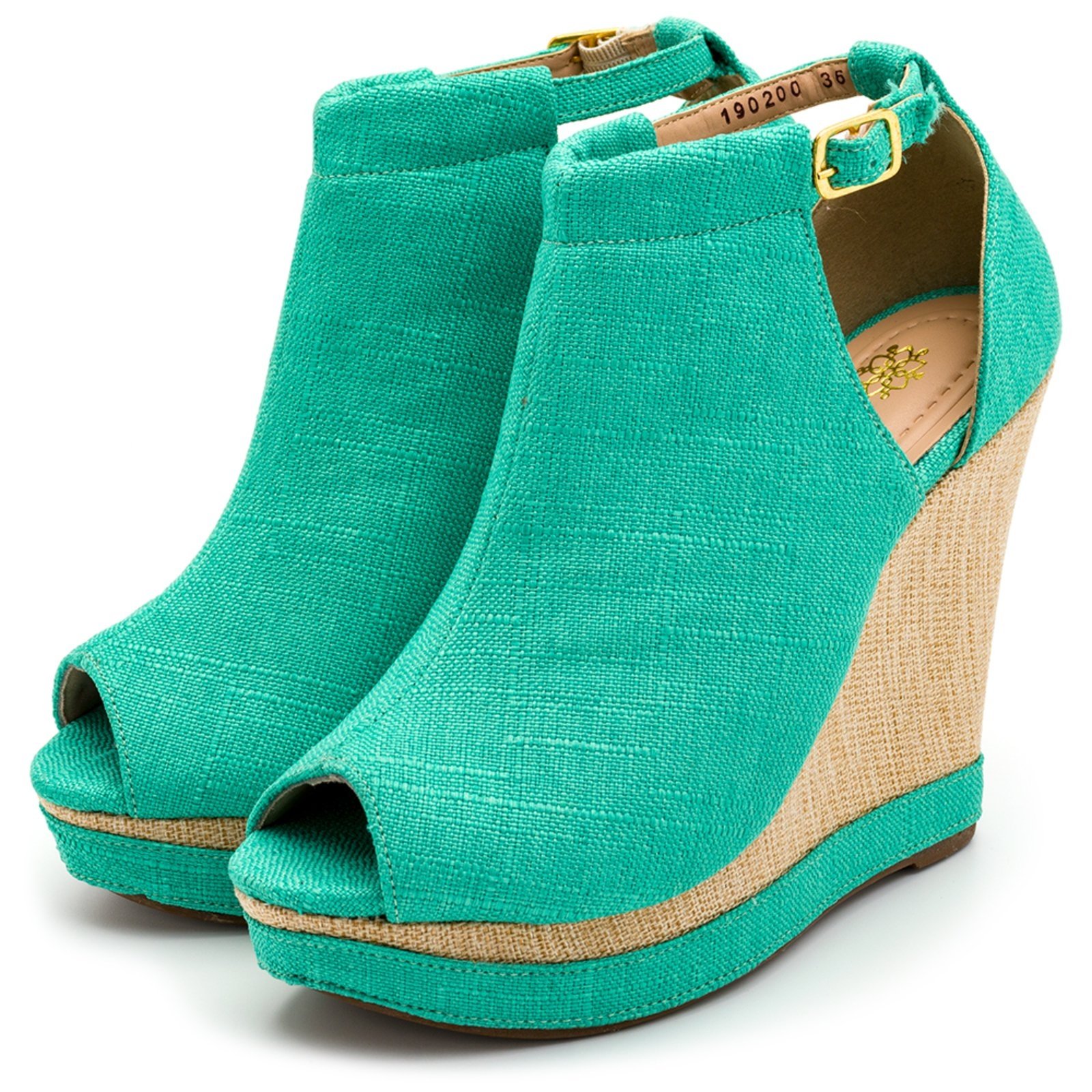 Sandália Feminina Salto Anabela Linho Verde Agua