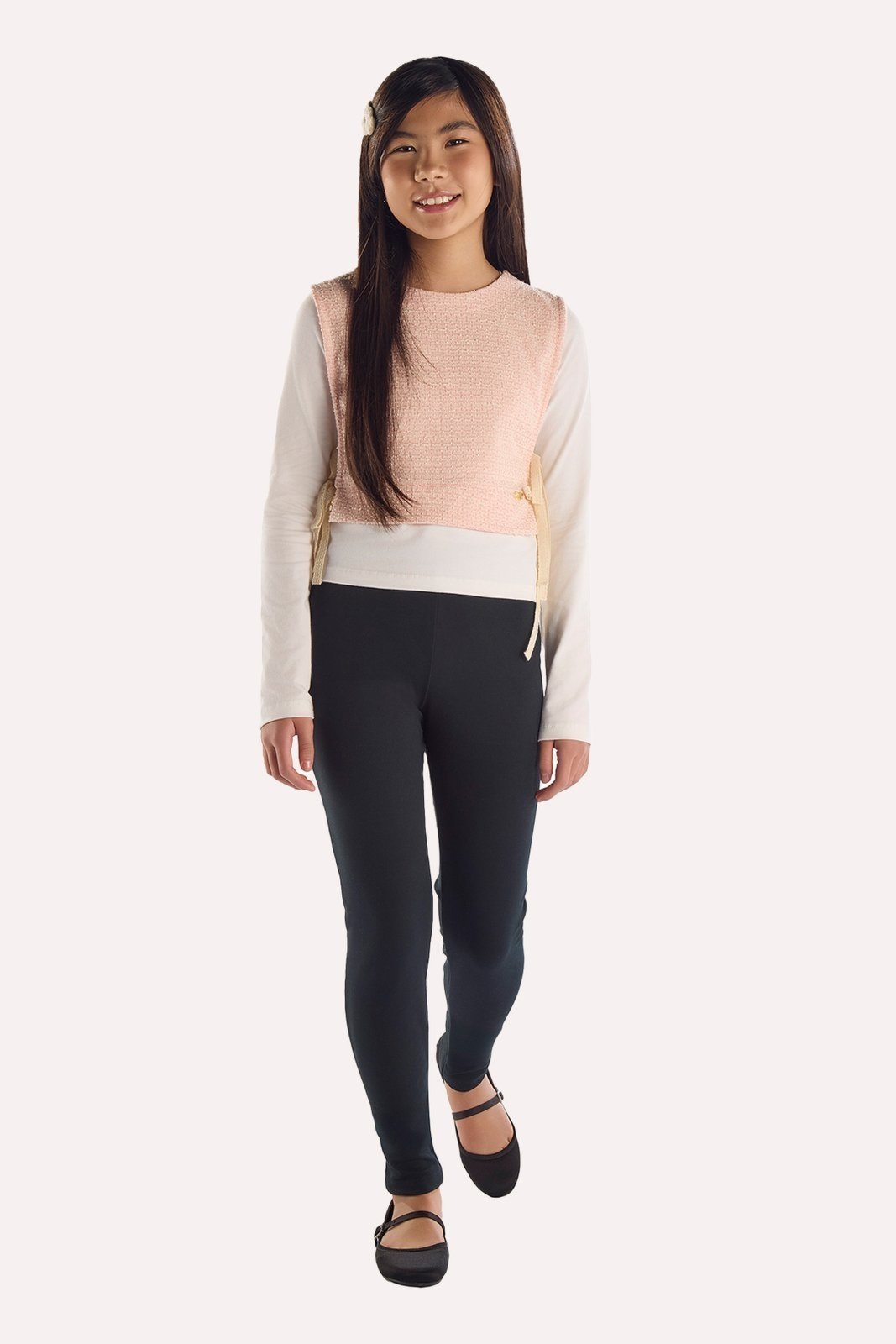 Infantil - Conjunto Rosa Blusa em Malha e Colete em Tweed E Calça Legging