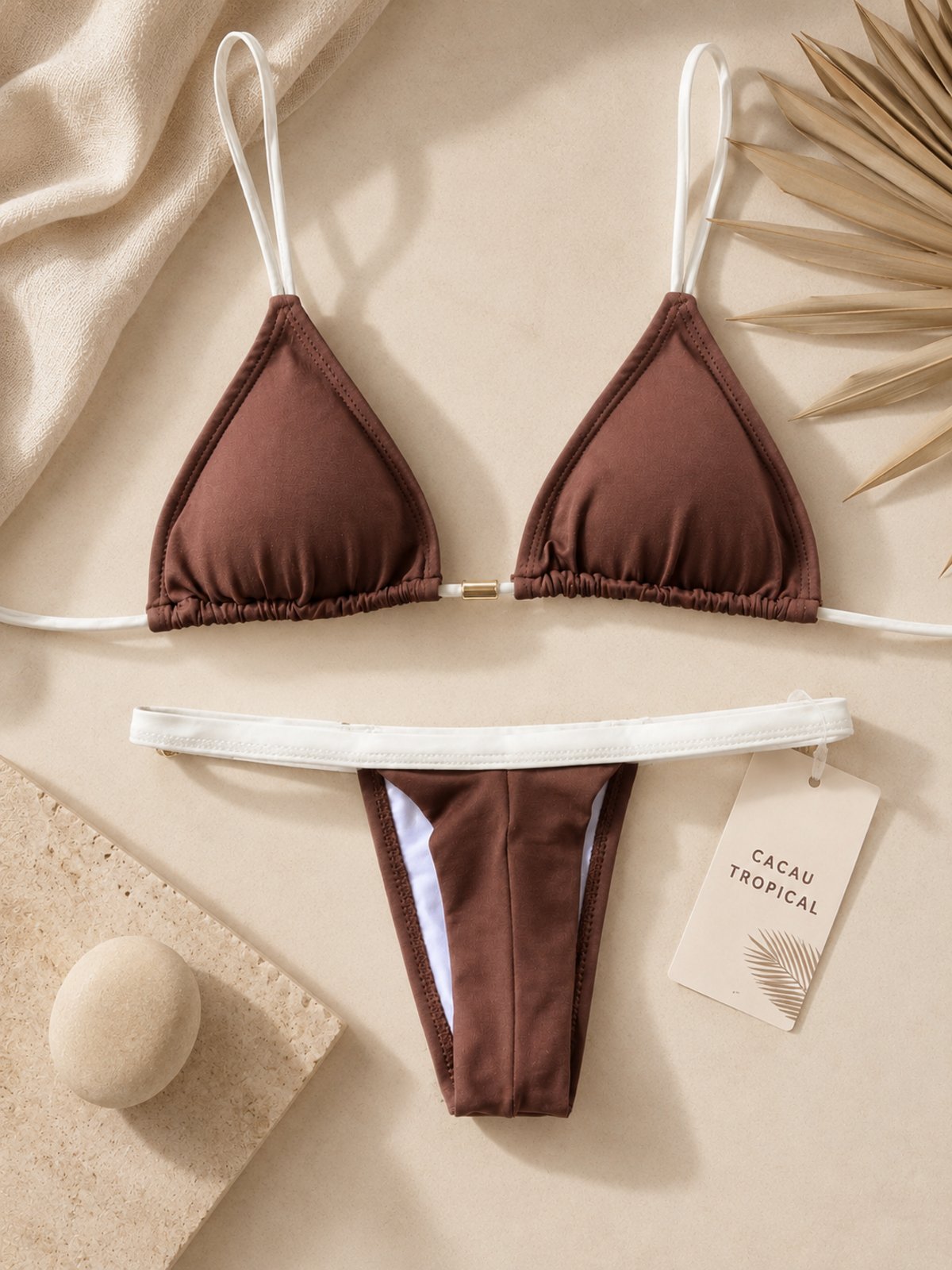 Biquíni Cortininha Marrom e Bege Cacau Tropical com Calcinha Ajustável Moda Praia Feminina