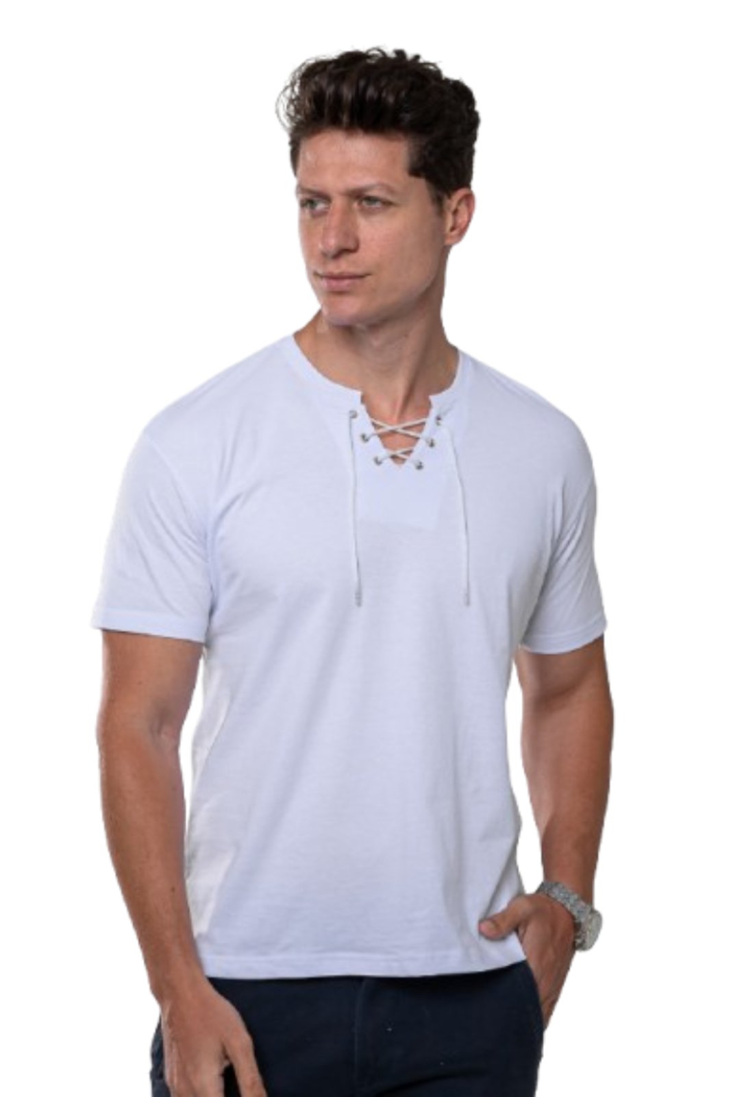 Camisa Camiseta Masculina Gola V Sutil Garais Moda Estilo Casual com Cordão e Ilhós 100% Algodão Branco