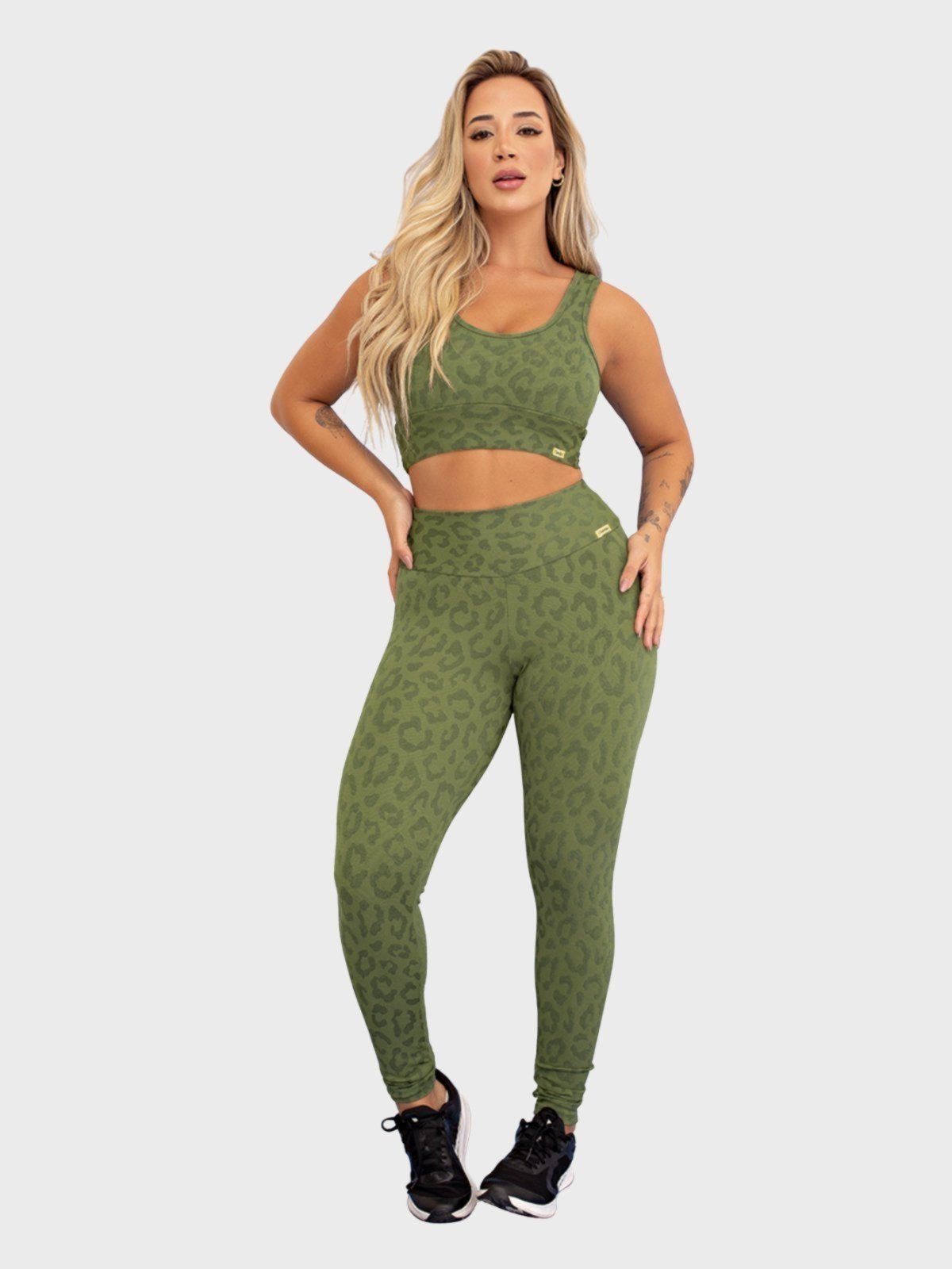 Conjunto Fitness Tarelles Top Calça Legging Textura Onça Verde