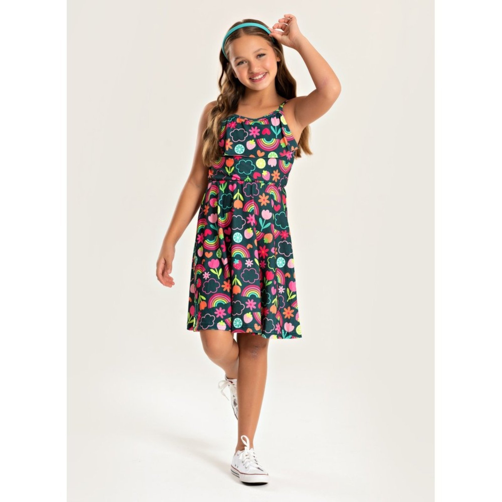 Vista 2 Infantil - Vestido Molekada Alcinha Verão Menina com Babado Jardim Frutado verde Molekada verde