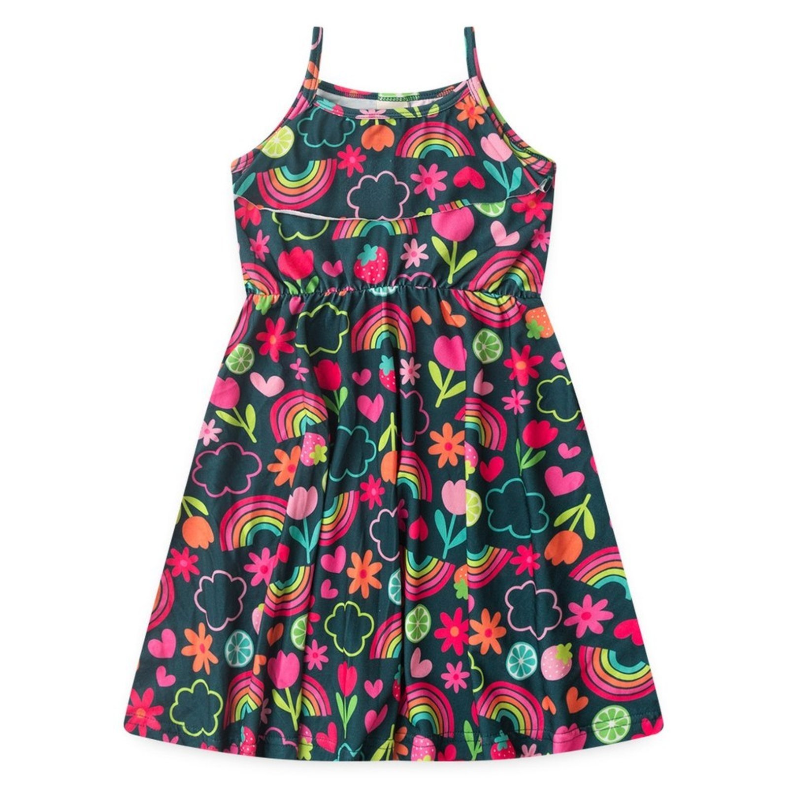Vista 3 Infantil - Vestido Molekada Alcinha Verão Menina com Babado Jardim Frutado verde Molekada verde