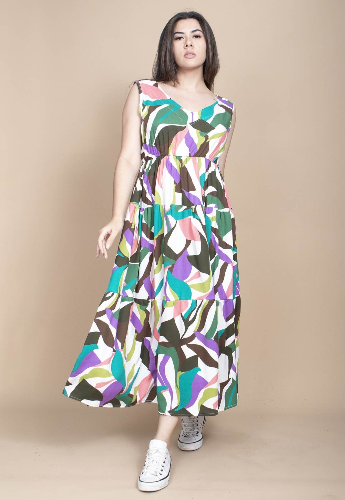 Vista 3 Vestido Cabanafree Regata Longo Peri Viscose Camadas Estampa Encanto Botãnico Cabanafree azul/estampado/laranja/off-white/verde