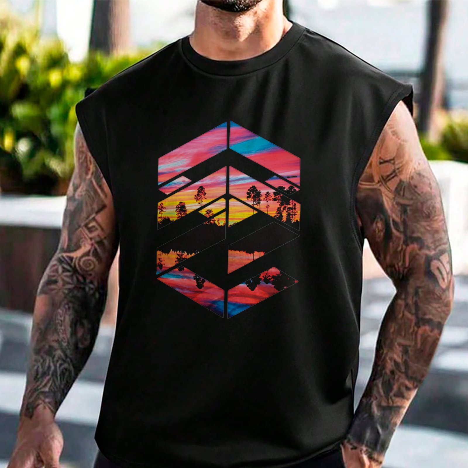 Camiseta Regata Machão Natureza Geometric Sunset Moda Urbana Estilo Preto