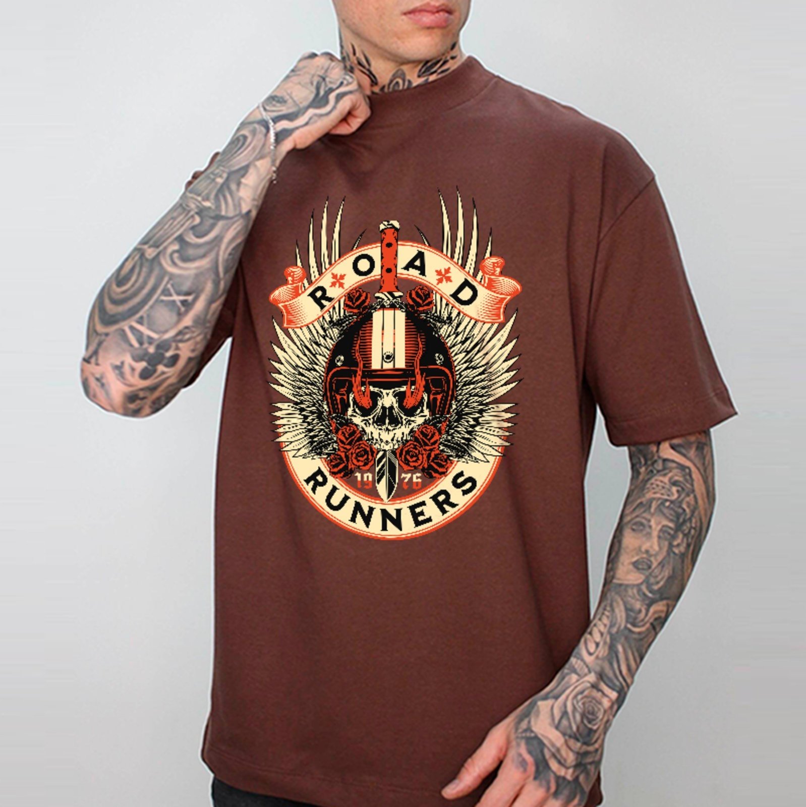 Camiseta Oversized Premium Road Runners Biker Skull Motorcycle Unissex Marrom