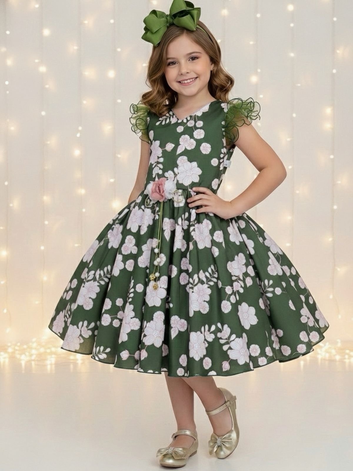 Infantil - Vestido Festa Verde Oliva Flores Floral Passeio Formatura Casamento Dama Daminha Social Menina Princesa Rodado Aniversário Luxo