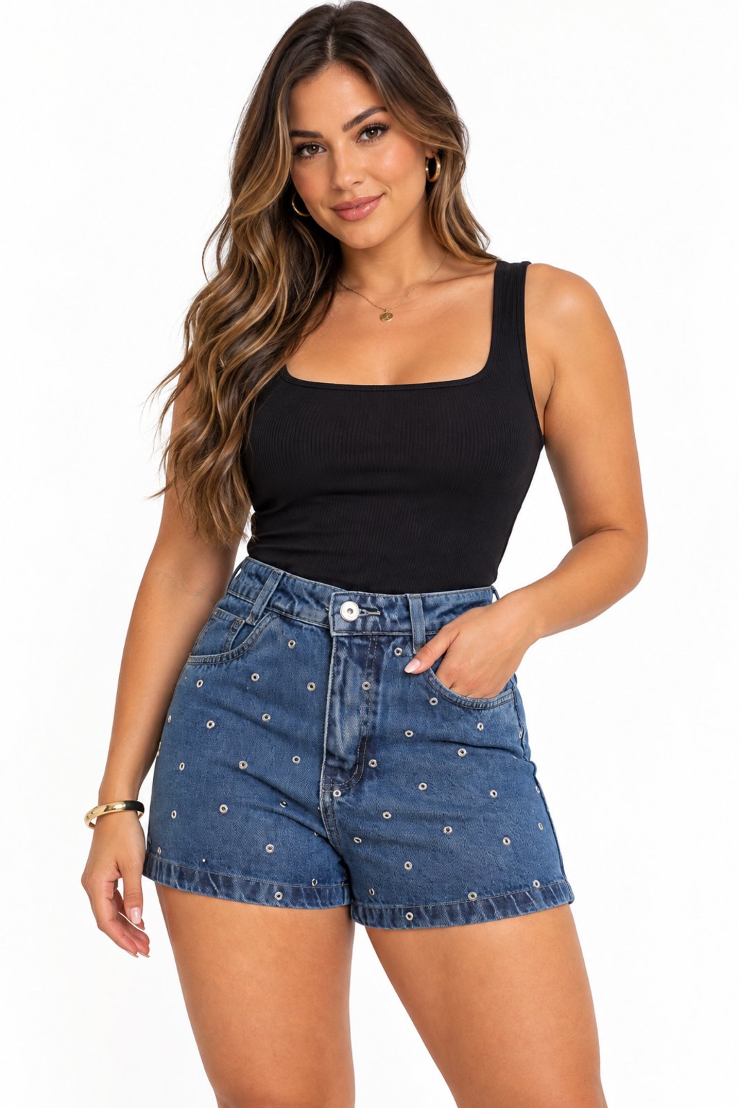 Shorts Jeans Feminino D Bell Outlet Fashion Ilhós Metálicos Azul