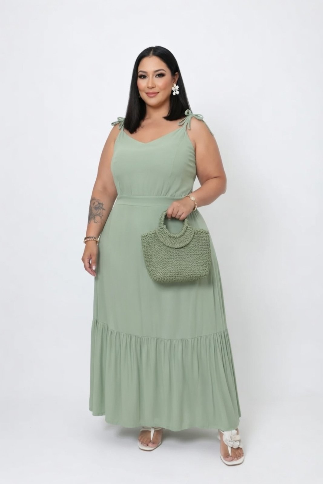 Vestido Longo Plus Size D Bell Outlet Fashion Alça Amarração Verde