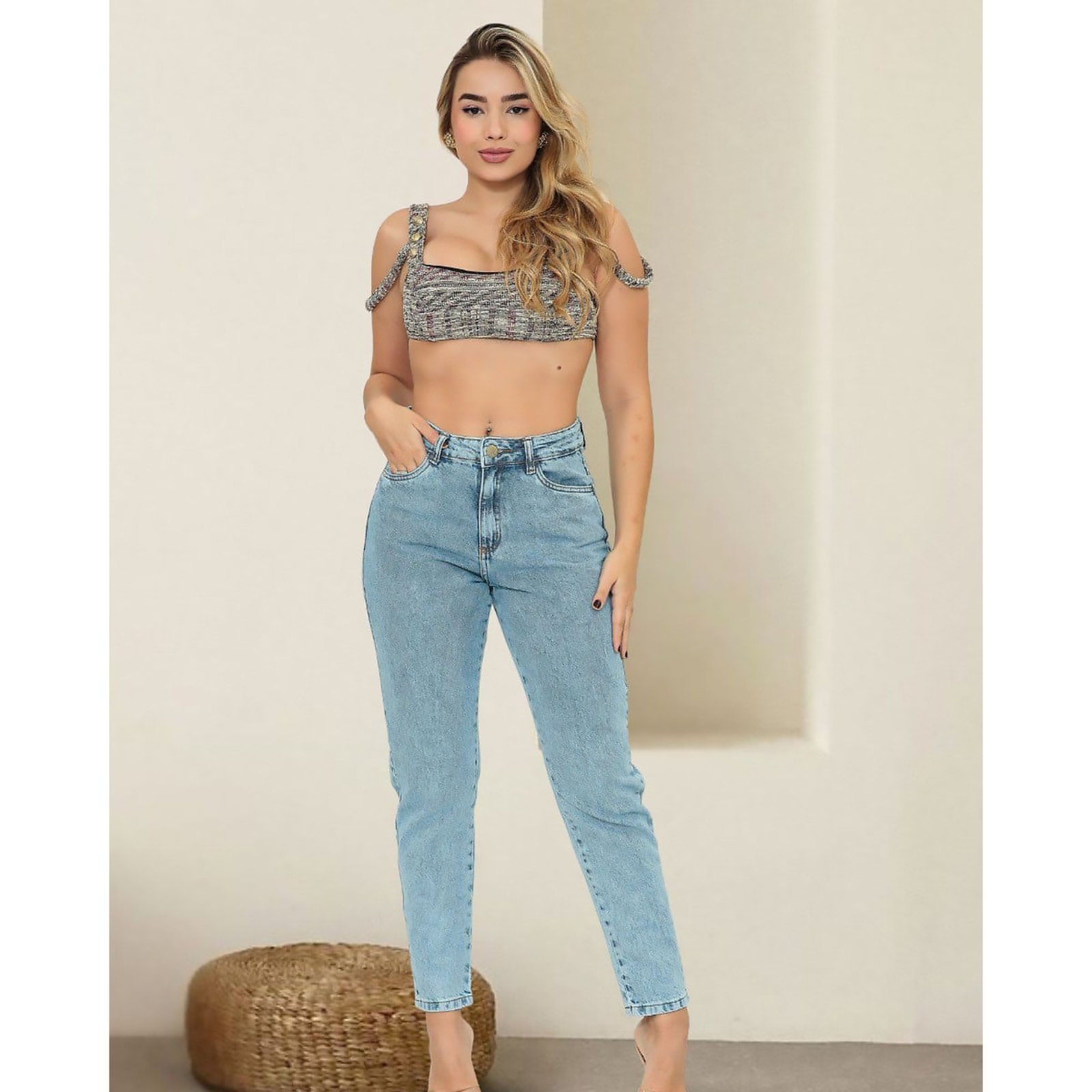 Calça Jeans Feminina Mom Hot Pants Lisa Slim Cintura Alta West Osten azul aço