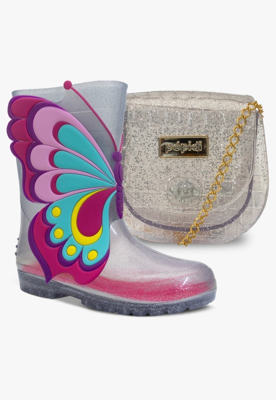 Vista 2 Infantil - Kit Bolsa e Bota Galocha Feminina Pópidi Menina Borboleta Glitter prata Pópidí prata