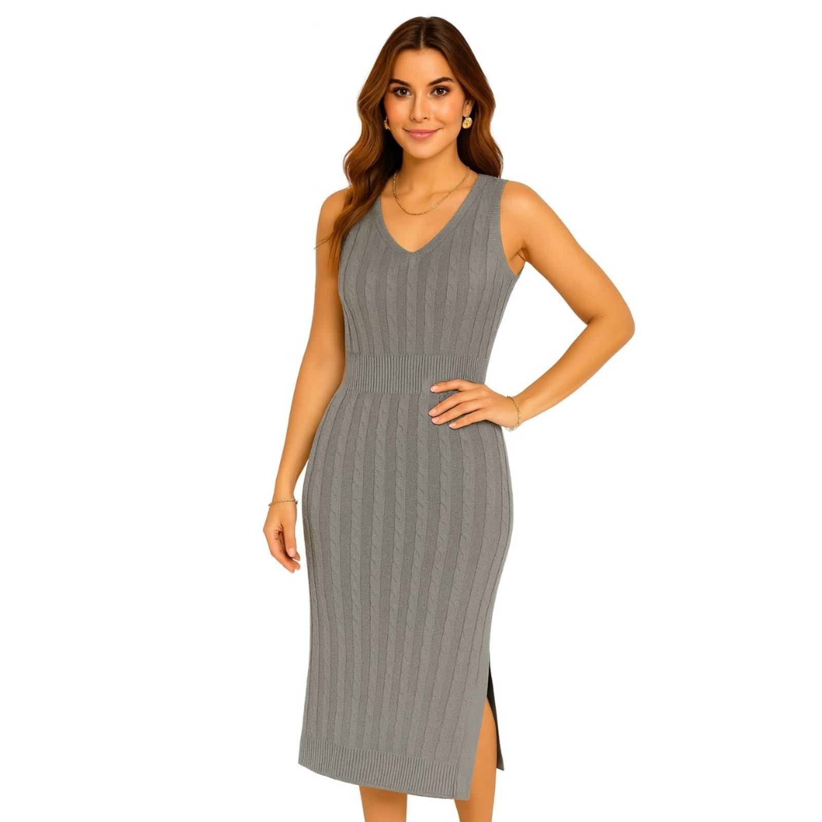 Vestido FMF Midi Tricô Feminino com Detalhe de Tranças e Abertura Lateral Premium Chumbo