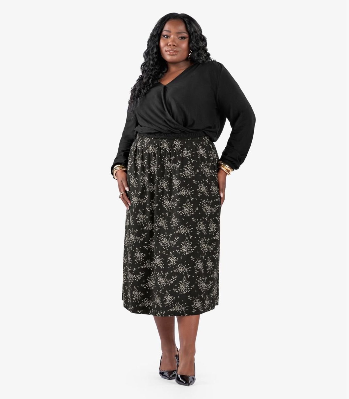 Saia Midi Estampada Plus Size Secret Glam Preto
