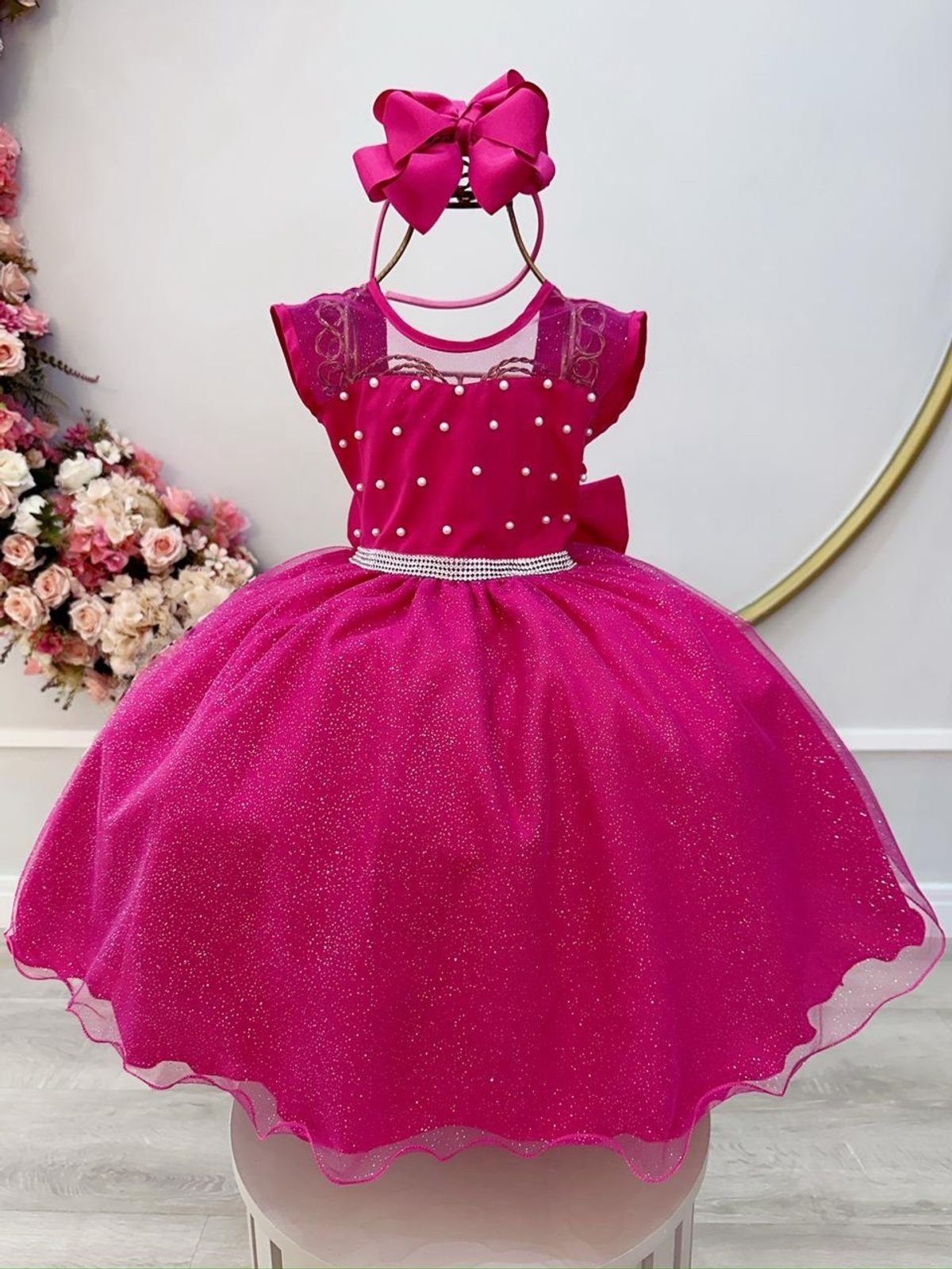 Infantil - Vestido Festa Rosa Pink Fucsia Formatura Florista Casamento Pérolas Dama Daminha Social Menina Juvenil Pérolas Princesa Rodado Aniversário Luxo