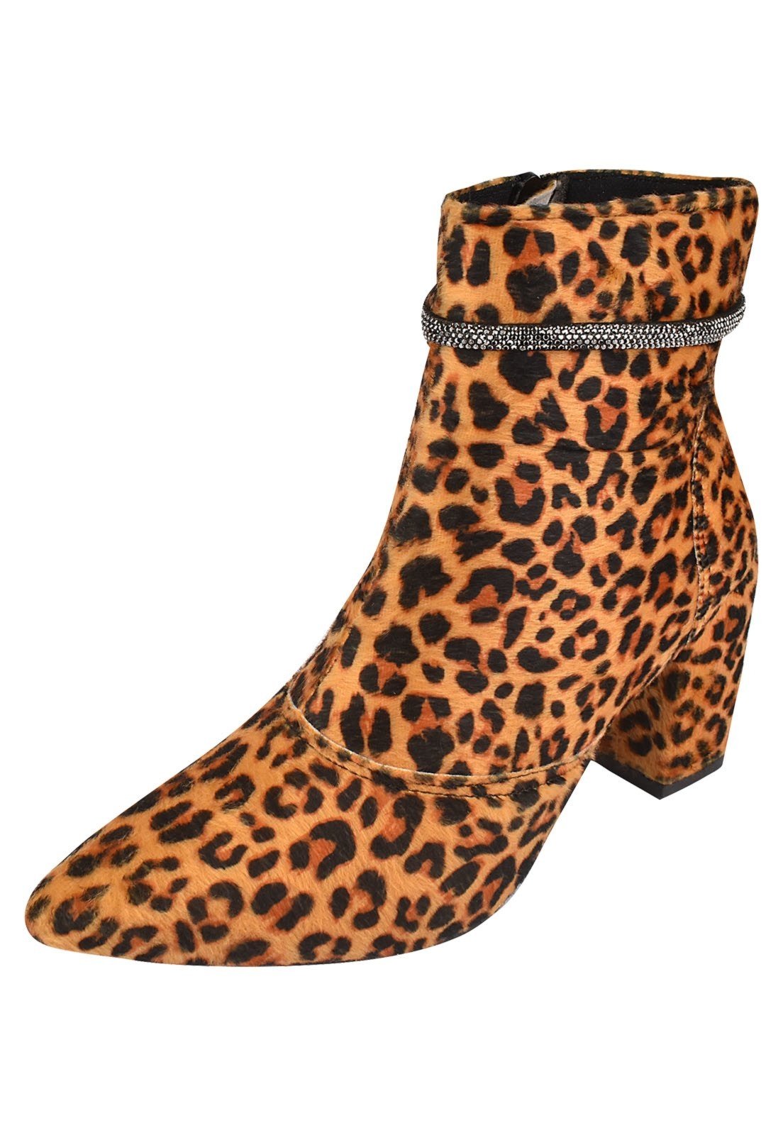 Bota Cano Curto Rosa Chic Calçados Bico Fino Salto Alto Zíper Brilho Strass Feminino Onça