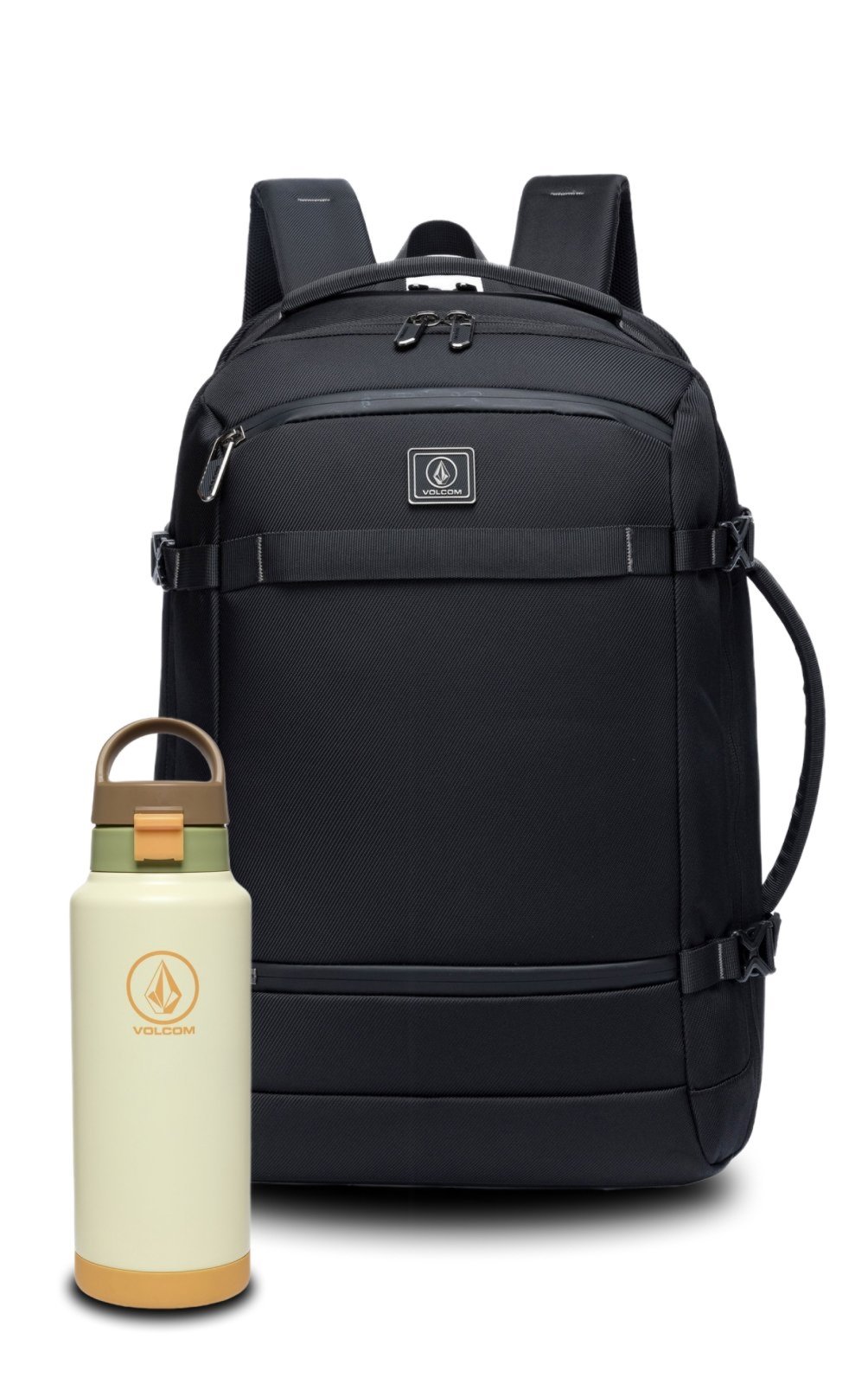 Kit Mochila Executiva Espaçosa Garrafa Bege Aço Inox 1L Volcom