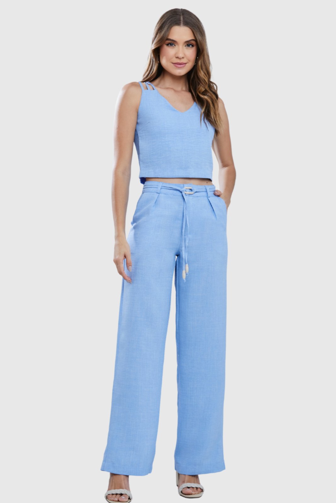 Conjunto Feminino Amora Café Blusa Chopped e Calça Linho Azul Claro