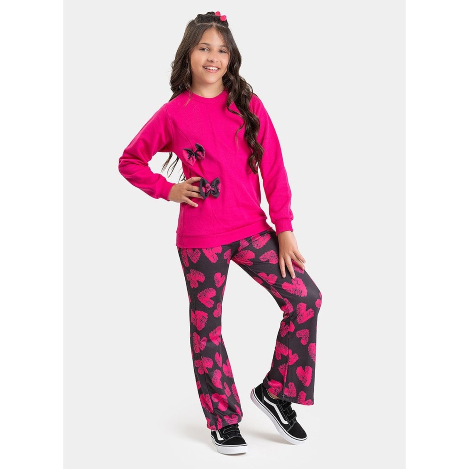 Infantil - Conjunto Inverno Menina Pink Blusão com Laço e Calça Bailarina Corações