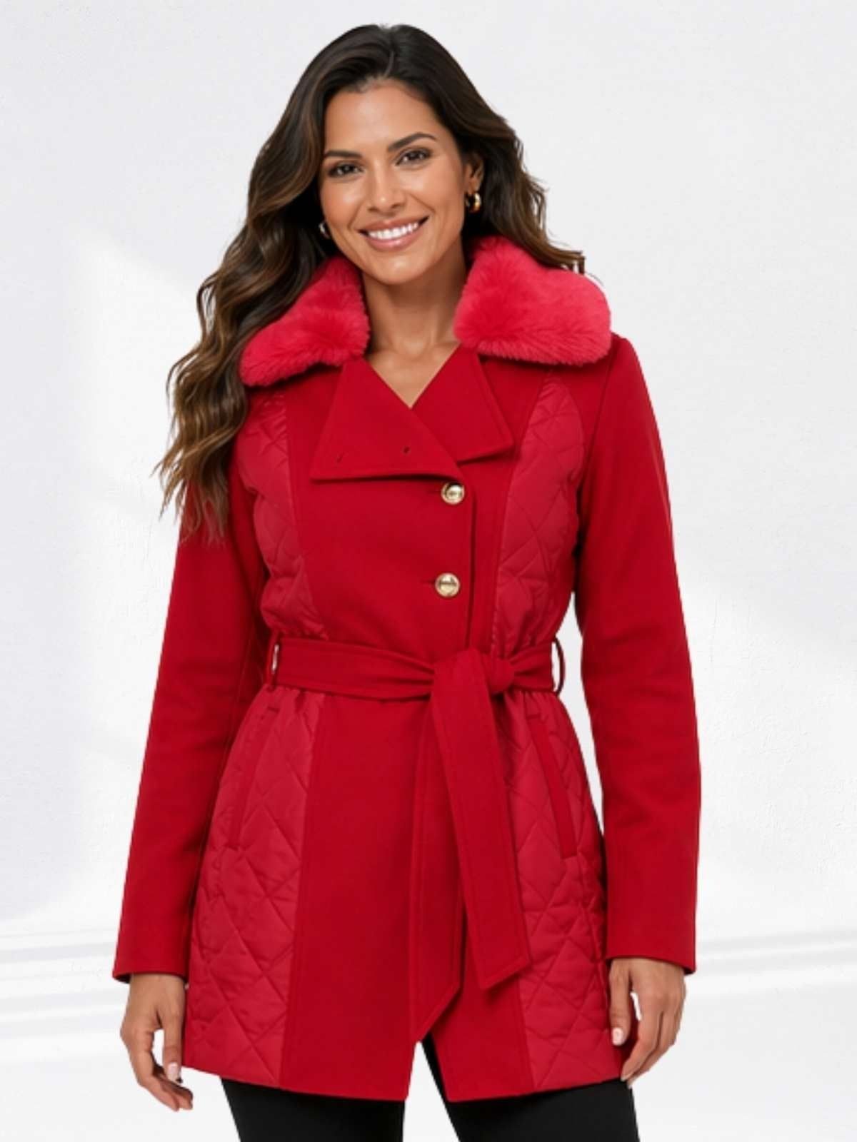 Casaco Feminino Vermelho Elegante com Cinto Gola Peluciada Inverno
