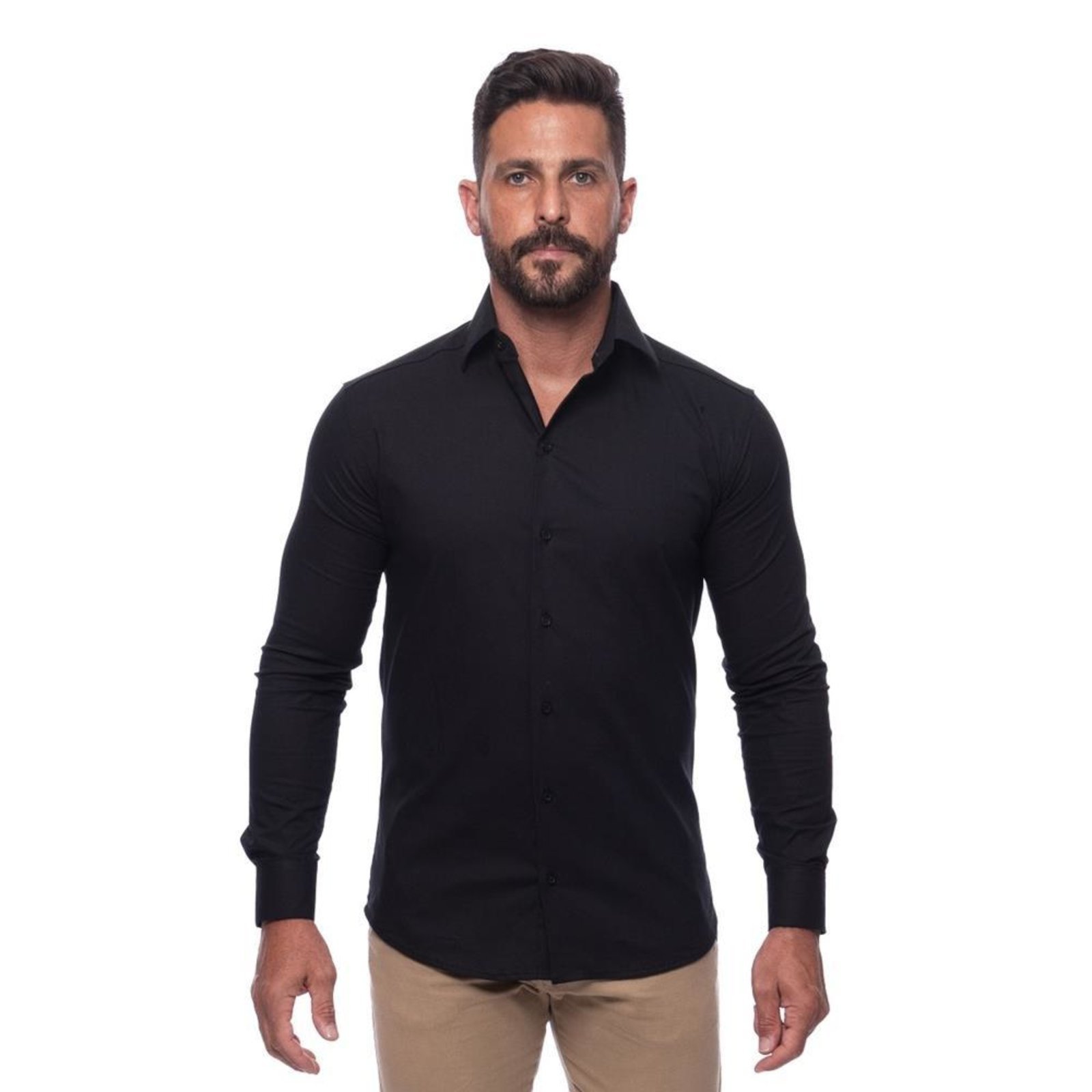 Camisa Masculina Slim Manga Longa Lisa Acetinada Social Azul Claro G Preto