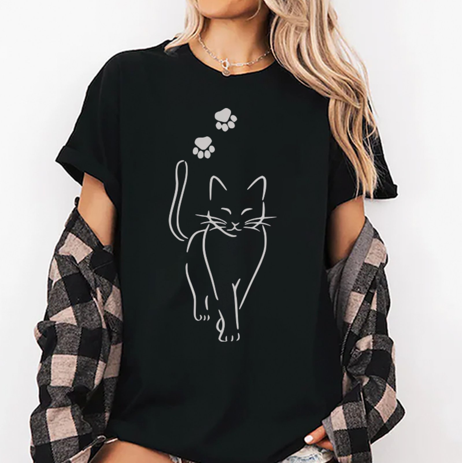 Camiseta Oversized Gato Minimalista Cat Style Unissex Preto