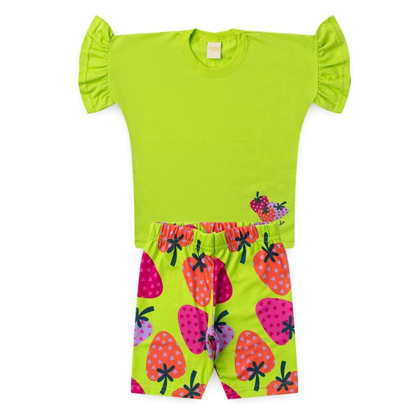 Infantil - Conjunto Verão Menina Verde T-shirt Over com Babado e Shorts Ciclista Morangos