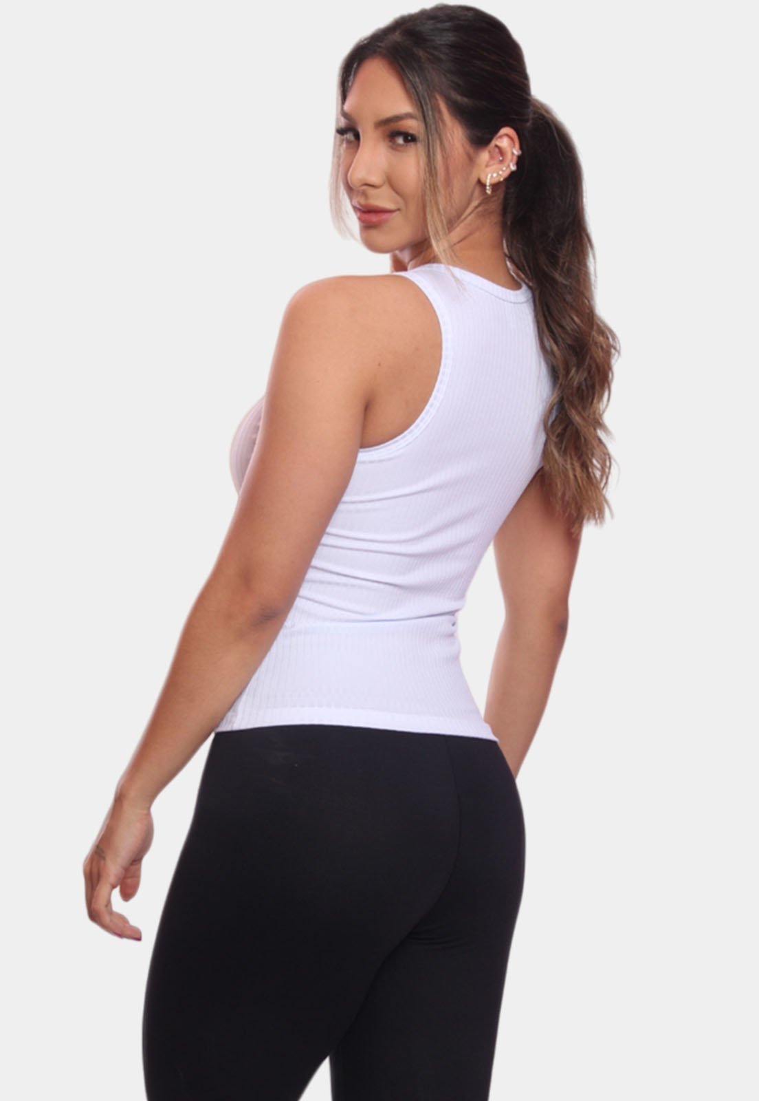 Vista 3 Regata Nadador Canelada Feminina Lisa Blusa Blusinha Básica Treino Academia Branca ADRIBEN branco ADRIBEN branco