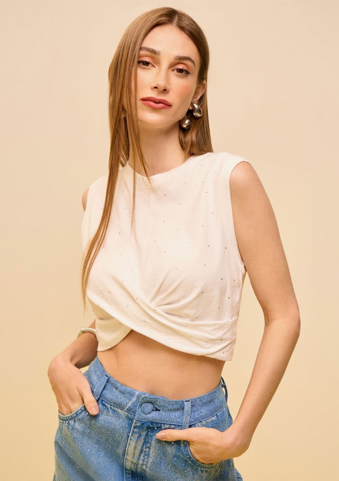 Regata Zinco Ajustada Decote Careca Cropped Off-white