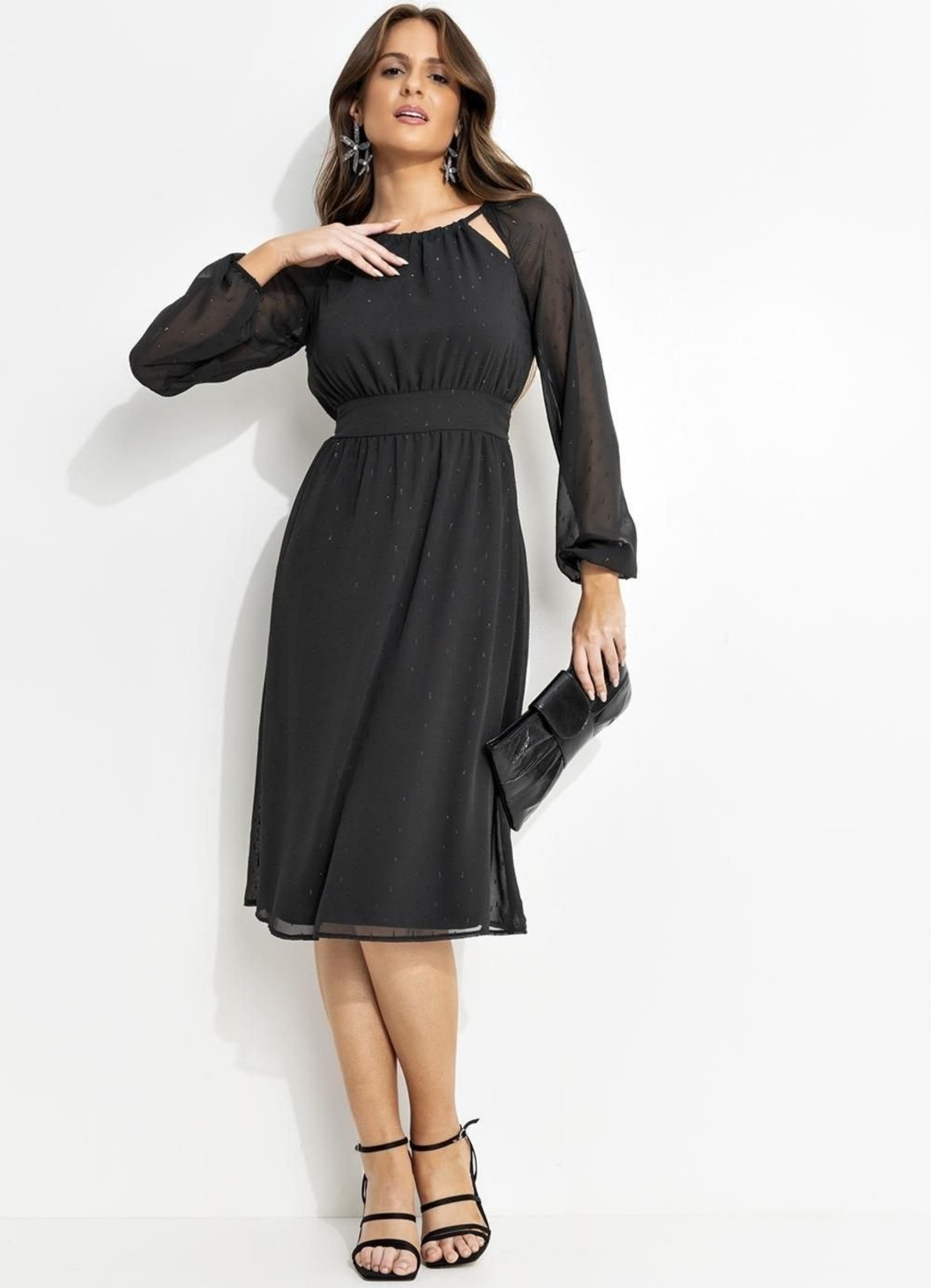 Vestido Feminino Preto Em Chiffon Com Fio Metalizado