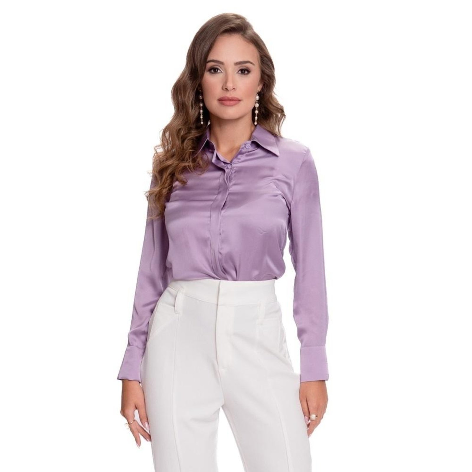 Camisa Social Feminina Manga Longa Cetim Teodoro Clássica Azul Claro G Roxo