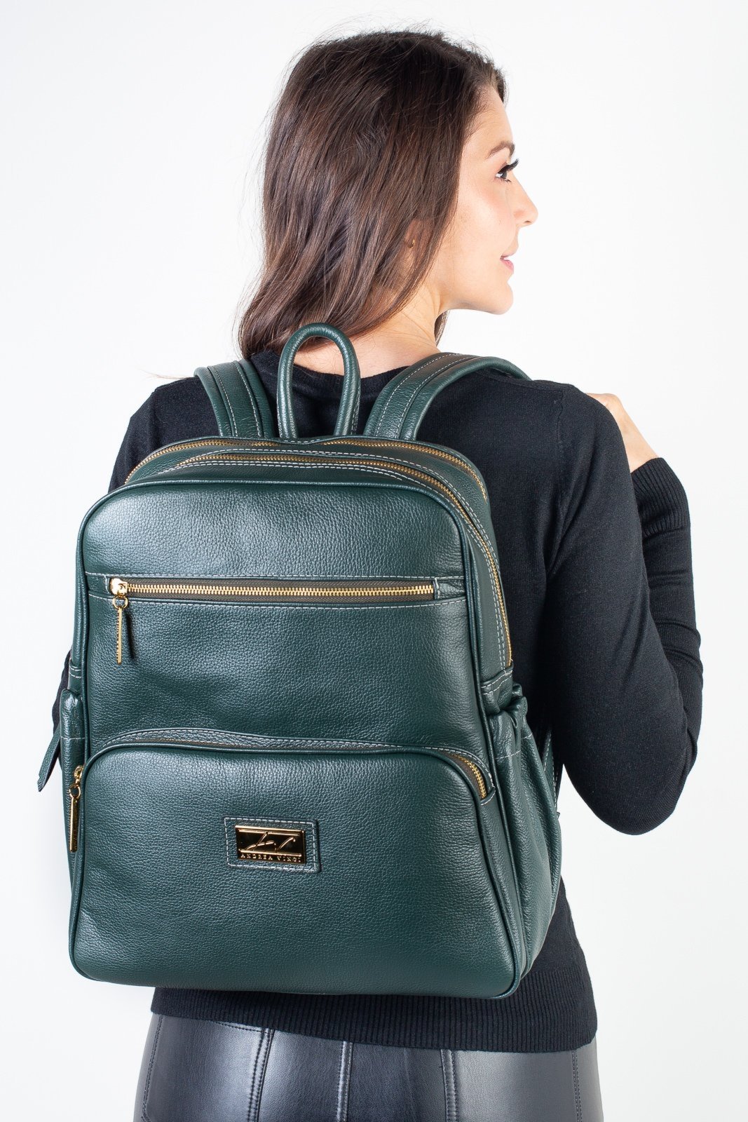 Mochila grande de couro liso Zooey - Verde Militar
