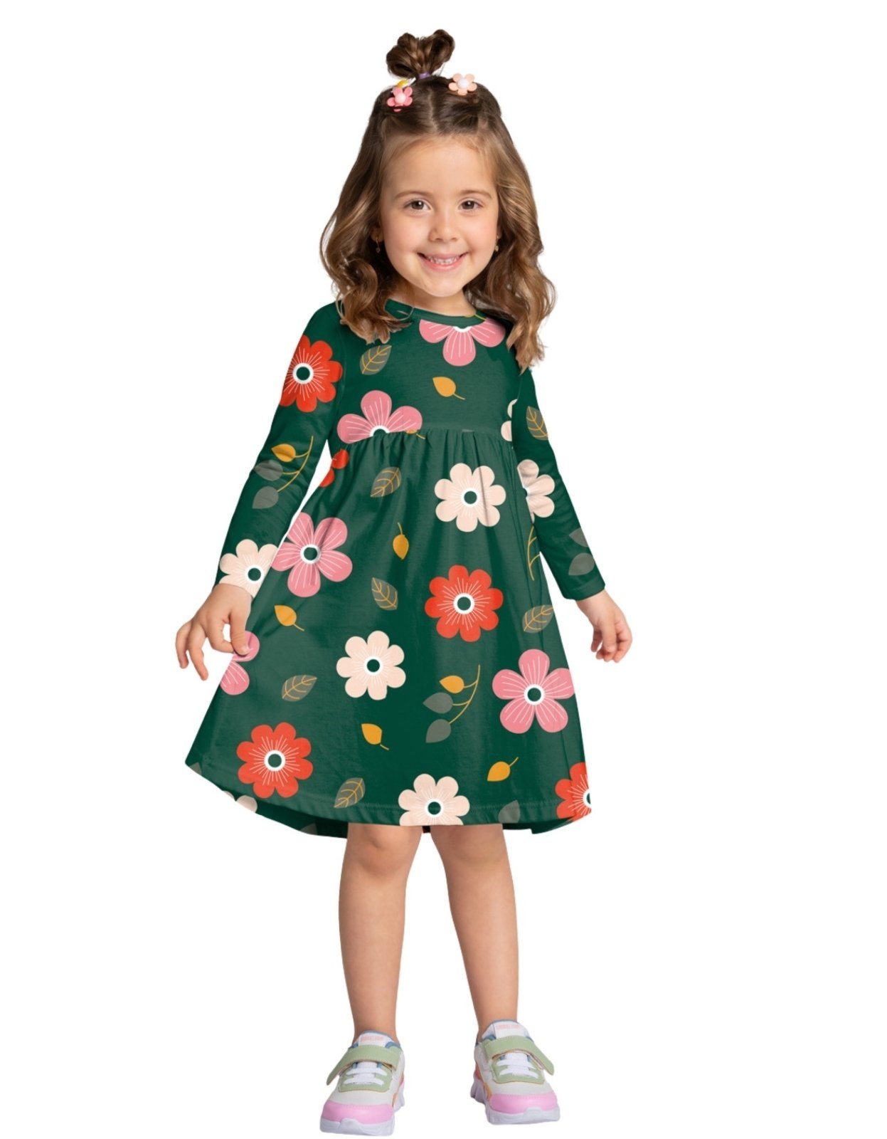 Vista 3 Infantil - Vestido Manga Longa Kyly Floral Pinheiro verde Kyly verde