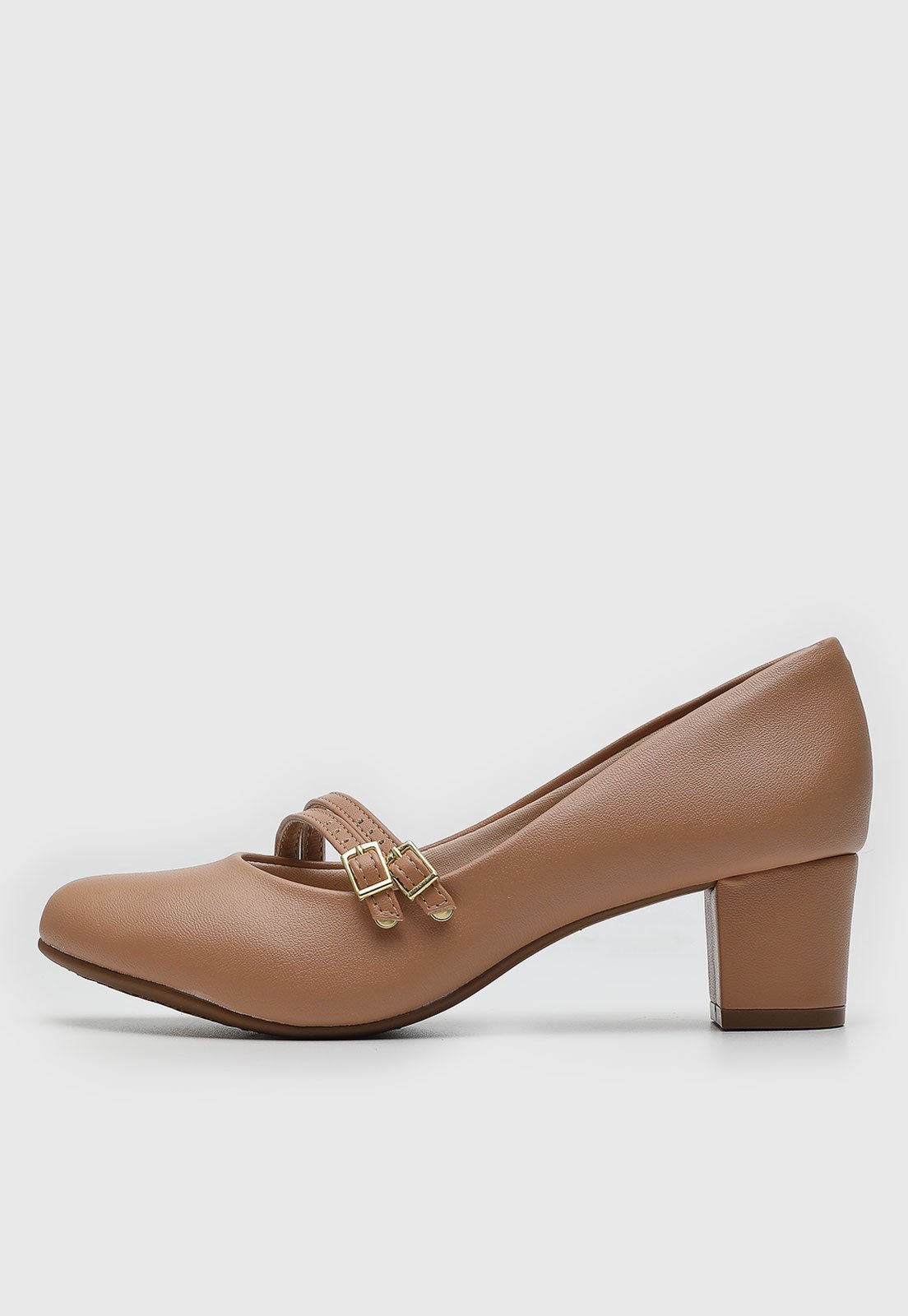 Scarpin Feminino Beira Rio Tiras Fivela Dourada Salto Baixo Nude