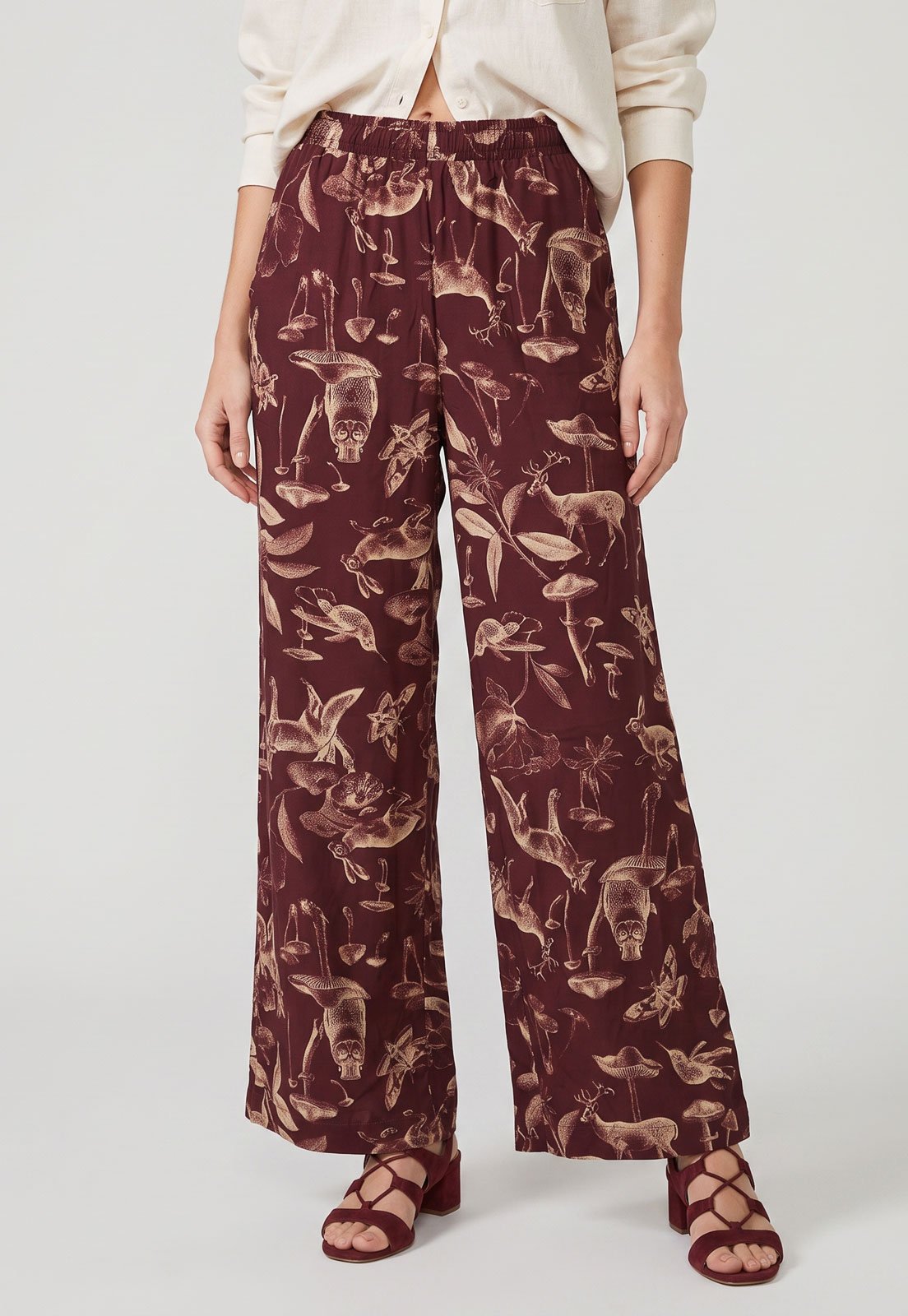 Calça Feminina Cantão Wide Leg Estampada Vinho