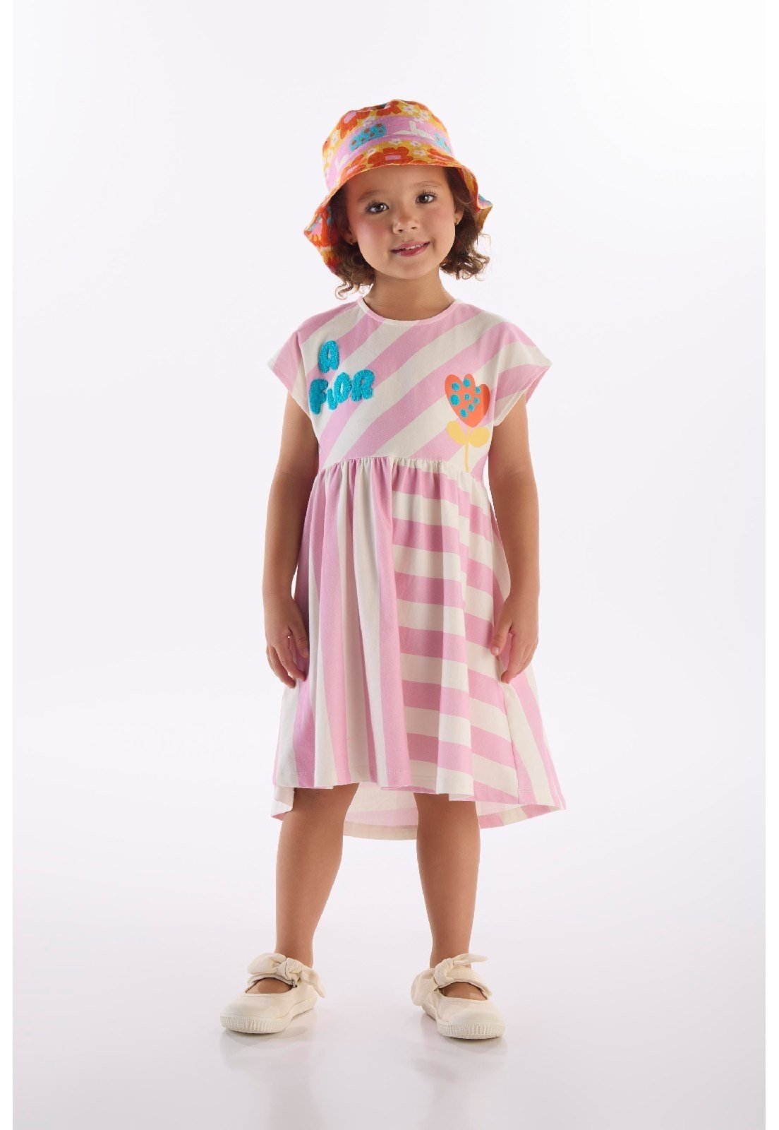 Vista 2 Infantil - Vestido Flores em Cotton Três e Já branco Três e Já branco