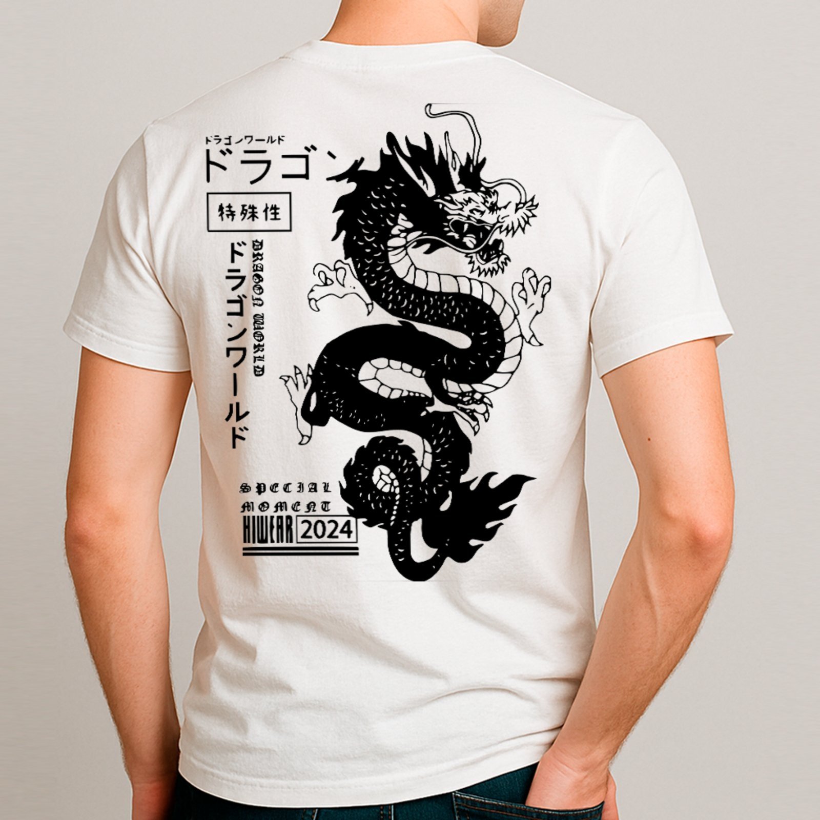 Camiseta Básica Dragão Japonês Estilo Oriental Streetwear Unissex Branco